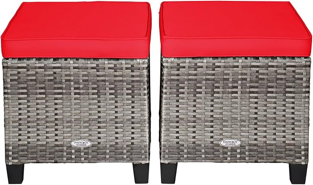HAPPYGRILL Patio Ottoman Set of 2, Outdoor Rattan Wicker Ottoman Seat with Removable Cushions, Patio Furniture Footstool Footrest Seat (Mix Grey & Red)