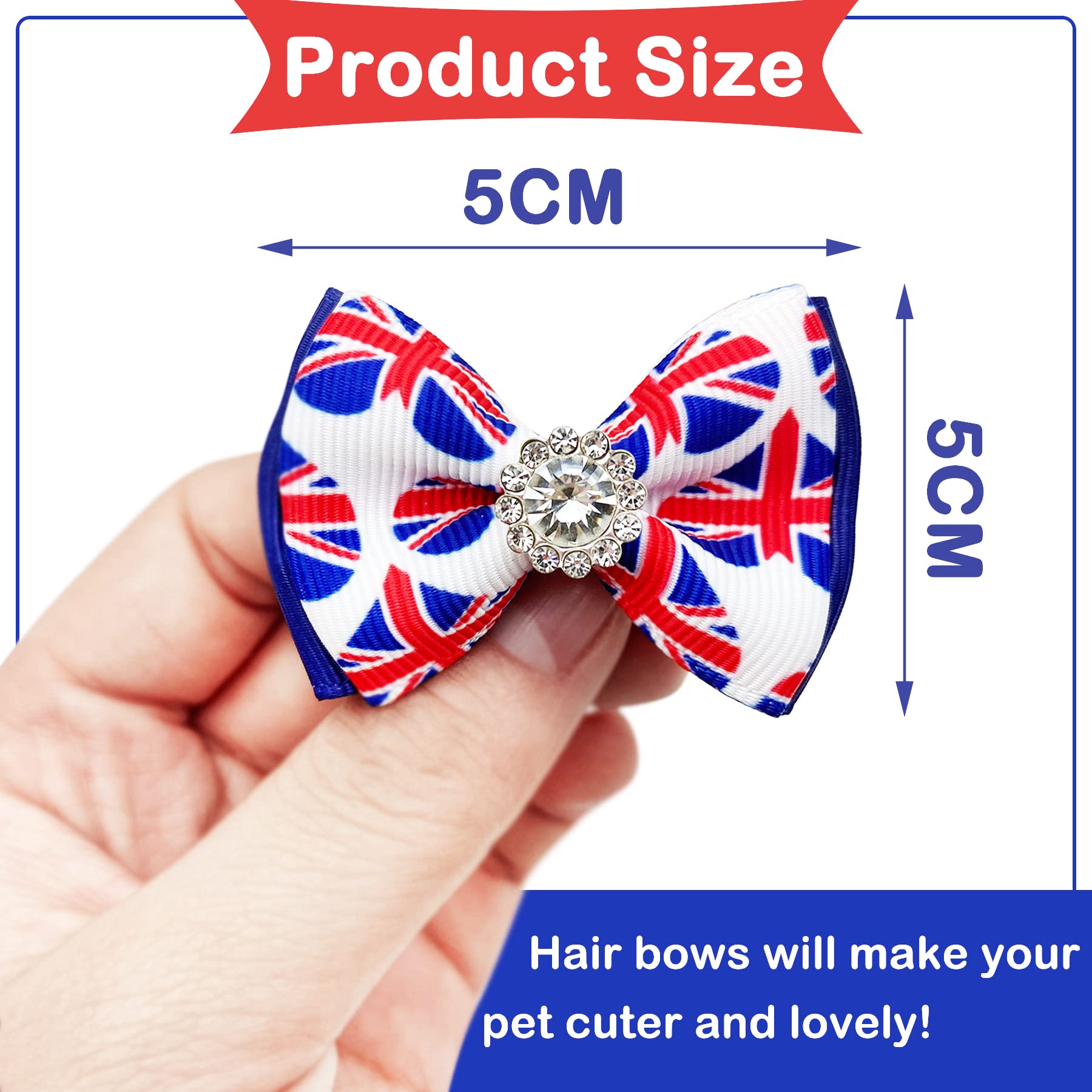 BIPY 20PCS Union Jack Dog Hair Bows with Rubber Bands Dog Grooming Bows Kings Coronation UK British Flag Kitten Puppy Cat Hair Bows Topknot Attachment Accessories Colors Random - Image 2