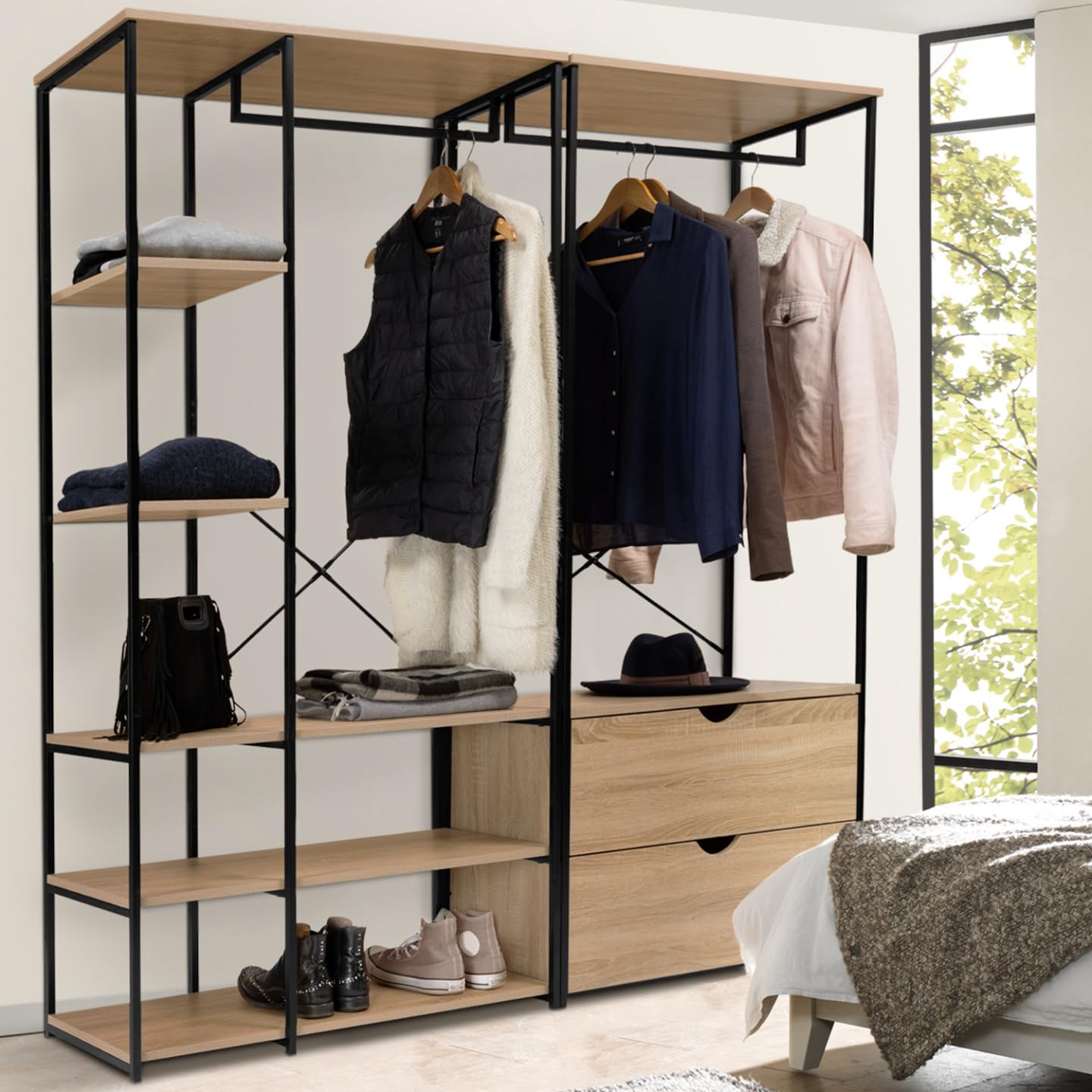 IDMarket – Armario modular doble con barras para colgar, estanterías y 2 cajones DETROIT diseño industrial