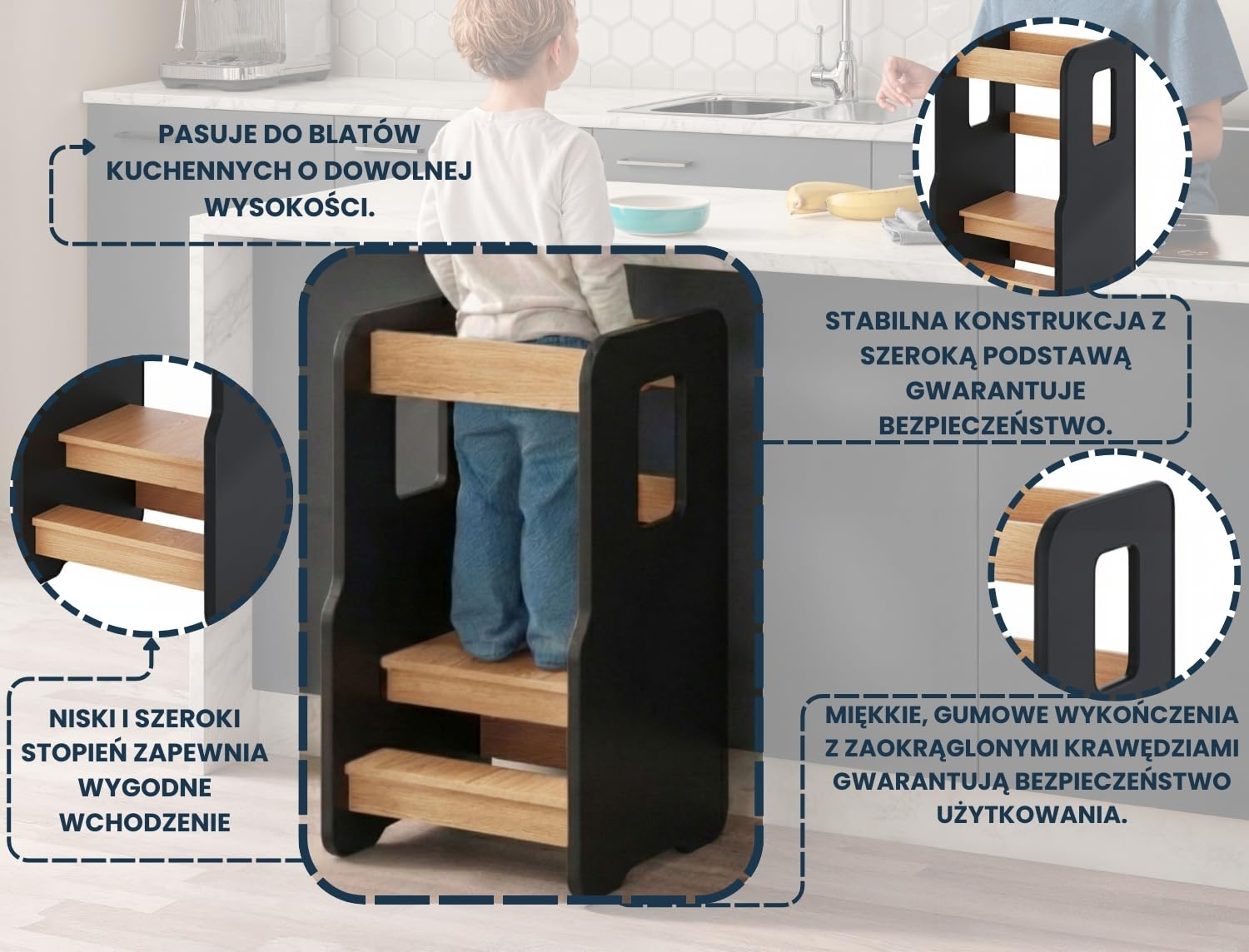 Wieża Edukacyjna dla Dzieci, Pomocnik Kuchenny dla Dzieci, Wieża do nauki Montessori, Learning Tower, Drewniany z Regulacją Wysokości, Czarny/Dąb