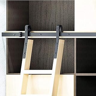 Sliding Ladder Hardware Full Set Library Rolling Ladder Track Kit, Black Sliding Ladder Library Full Set Hardware Rolling Track with Floor Roller Wheels, Flat Tube Mobile Ladder Tr