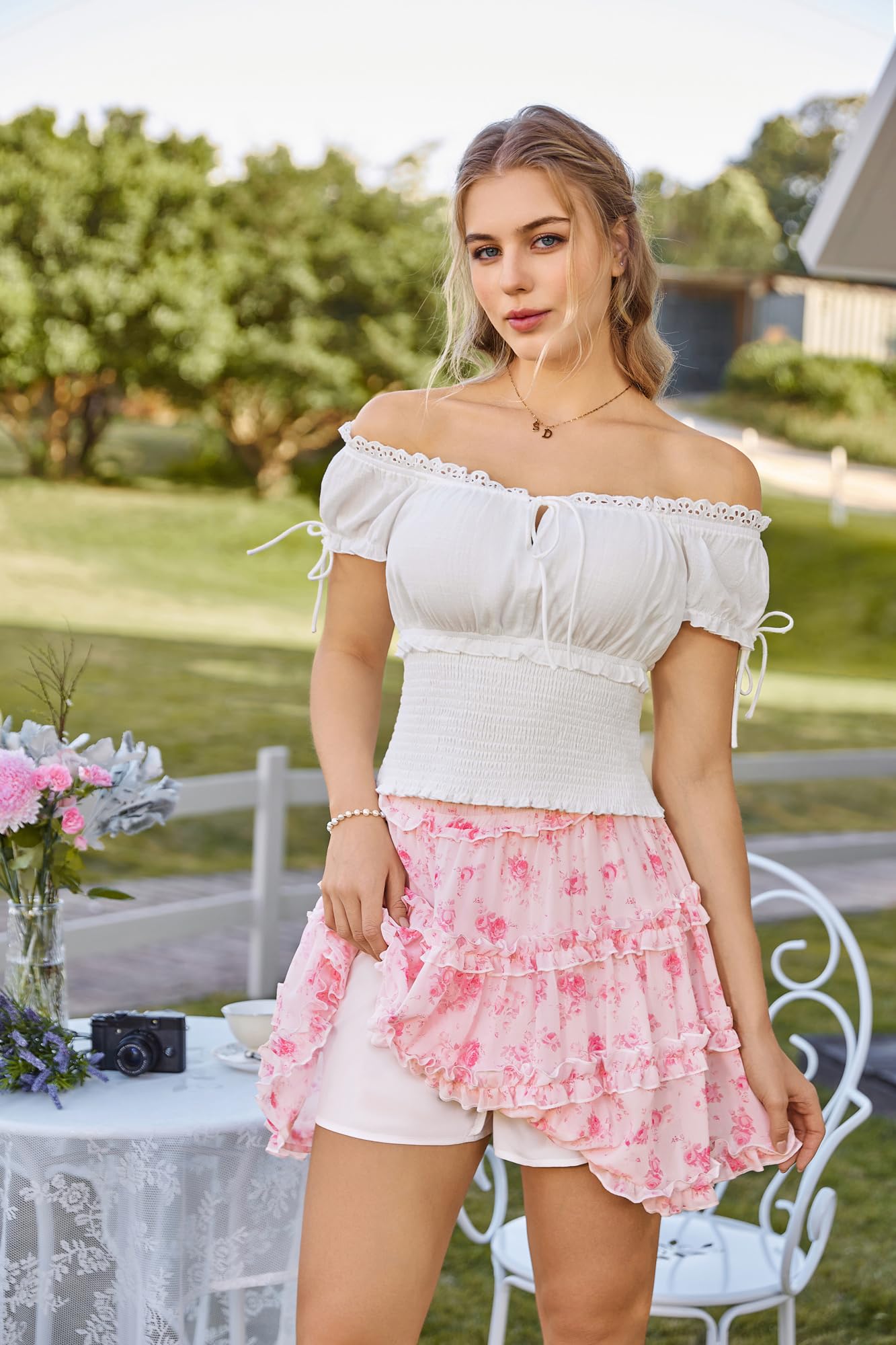 SCARLET DARKNESS Falda victoriana para mujer Mini Floral Cintura Elástica con Volantes Falda de Verano
