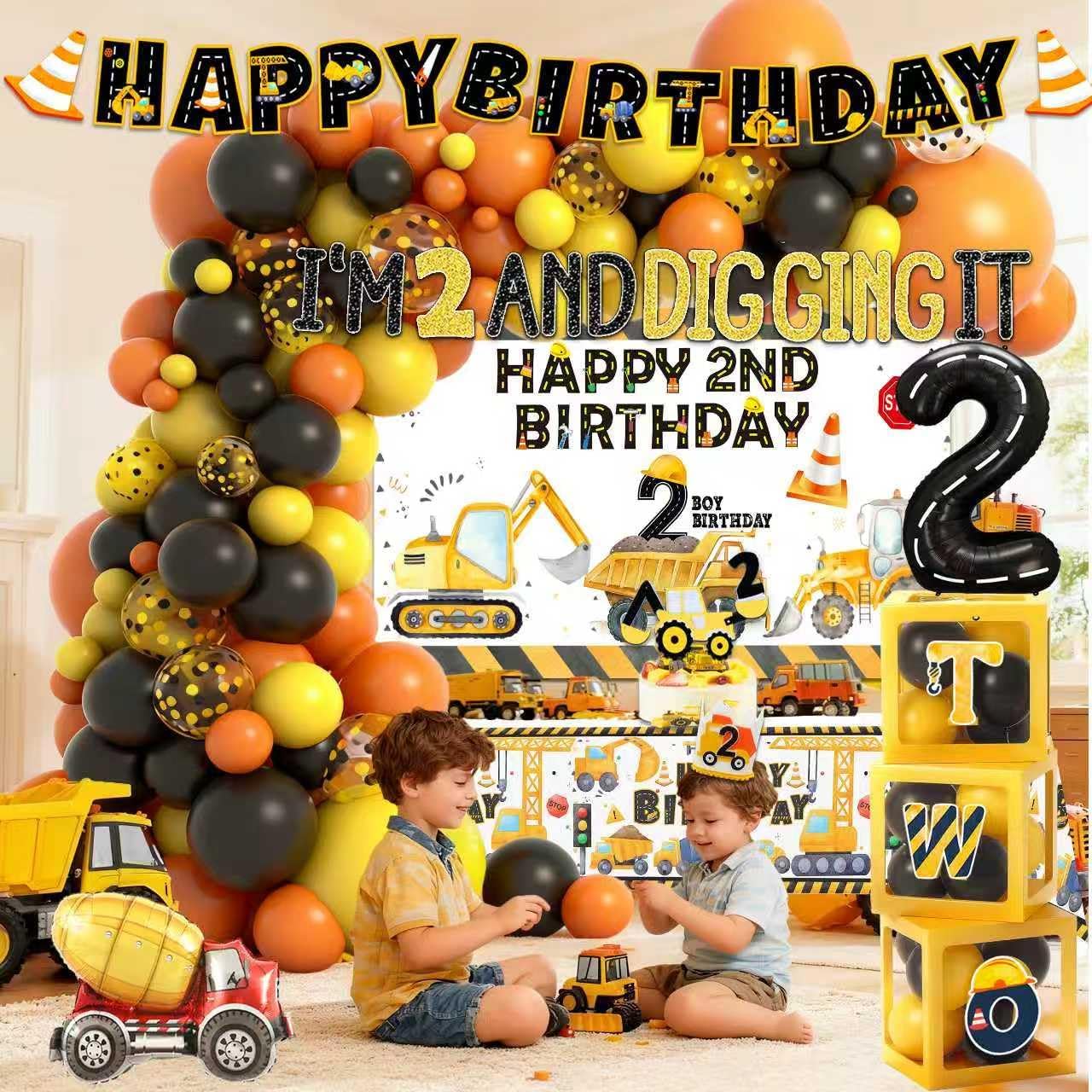 Construction 2nd Birthday Party Supplies Boy Dump Truck Digger Zone 2nd Birthday Decorations include Balloon Garland Balloon Box Highchair Banner Cake Topper Hat Backdrop Banner Tablecloth - Image 3