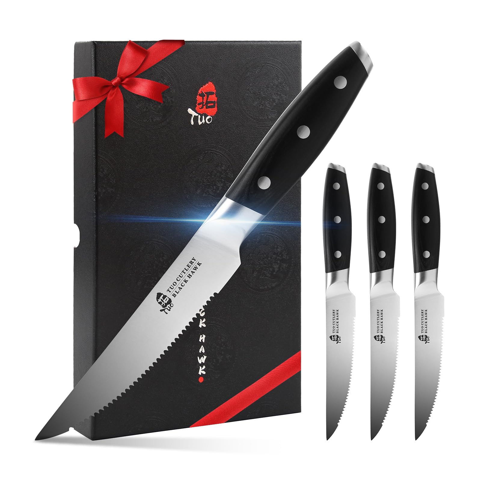 TUO Serrated Steak Knife - 5 inch Professional Kitchen Steak Knife Set 4 - Table Dinner Knife - German HC Stainless Steel Non Slip Pakkawood Handle - BLACK HAWK SERIES Including Gift Box