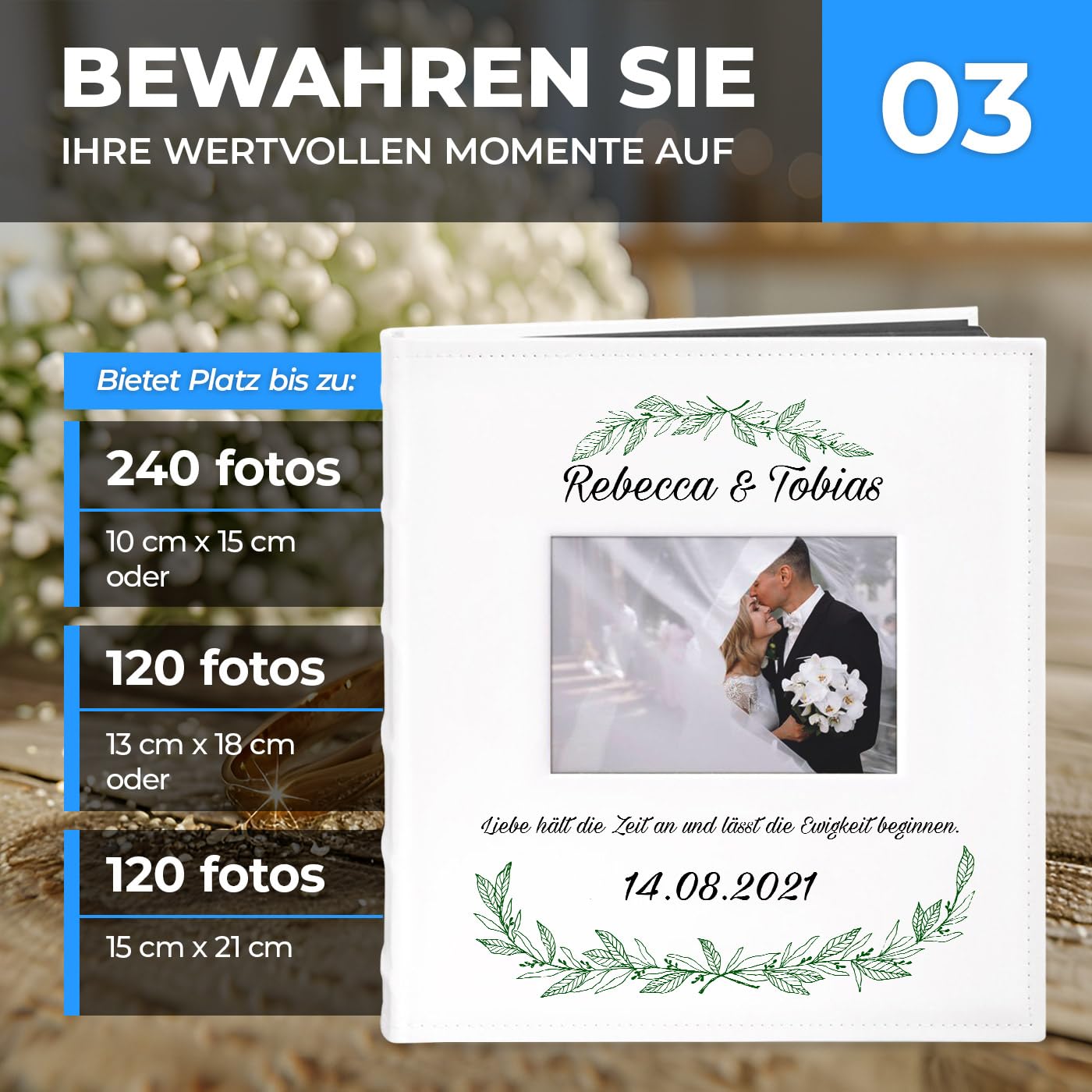 Maverton Fotoalbum zum Selbstgestalten mit Bildausschnitt mit Aufdruck - für 240 Fotos 10x15-60 schwarze Seiten - Größe 33x30cm - Weiß - personalisierte Geschenke zum Jubiläum - Hochzeitsgeschenk