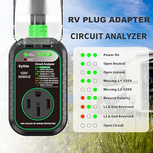 Miniatura 10 de EyGde Adaptador RV de 15 amperios a 30 amperios con protector de sobretensiones, enchufe NEMA 5-15P macho a TT-30R hembra, analizador de circuitos
