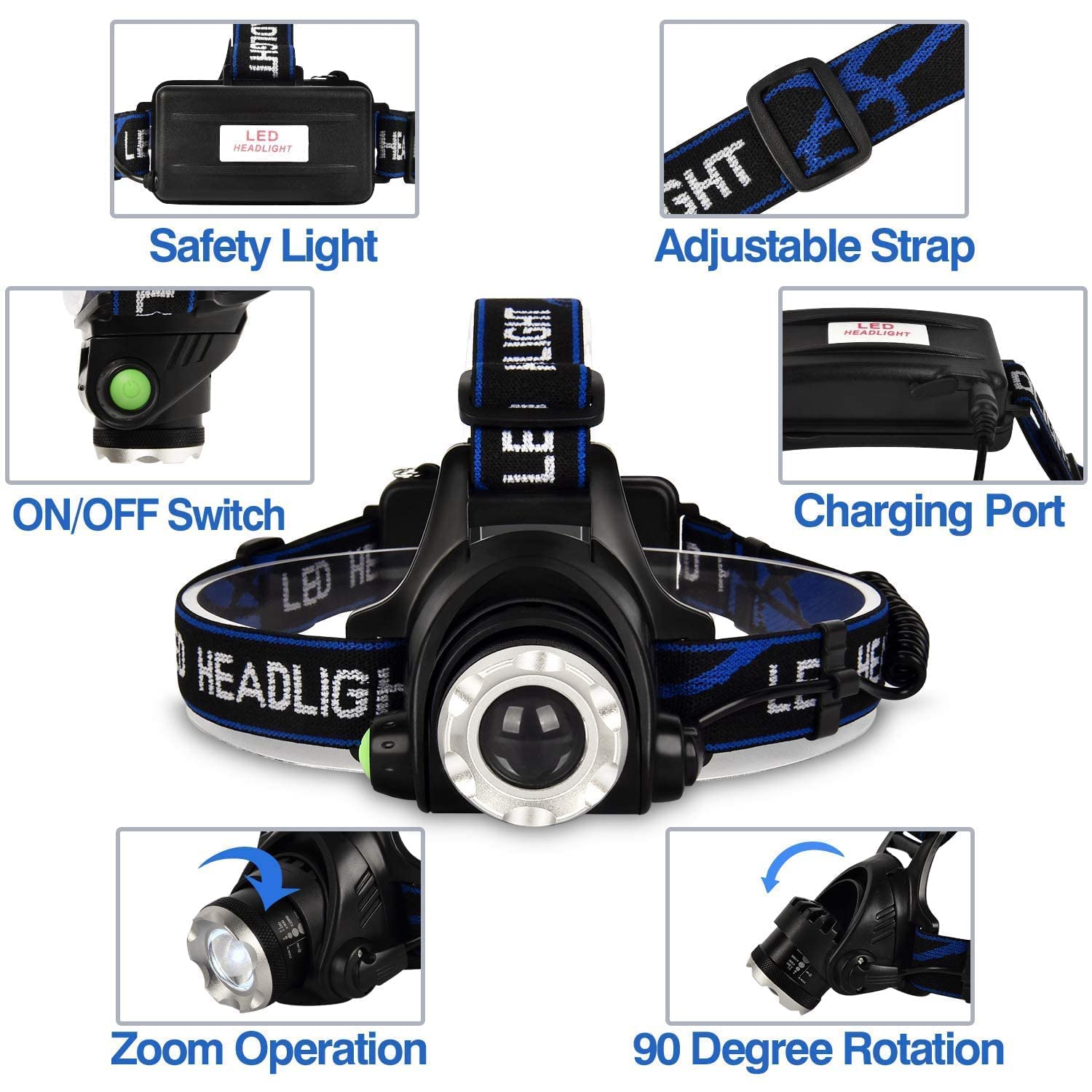 Rechargeable Headlamp,1500 Lumen High Bright Zoom LED Head Lamp,Large Battery-Powered Waterproof Headband Lamp with 4 Modes and Adjustable Headband Perfect For Outdoor Camping,Running,Cycling,Climbing 2