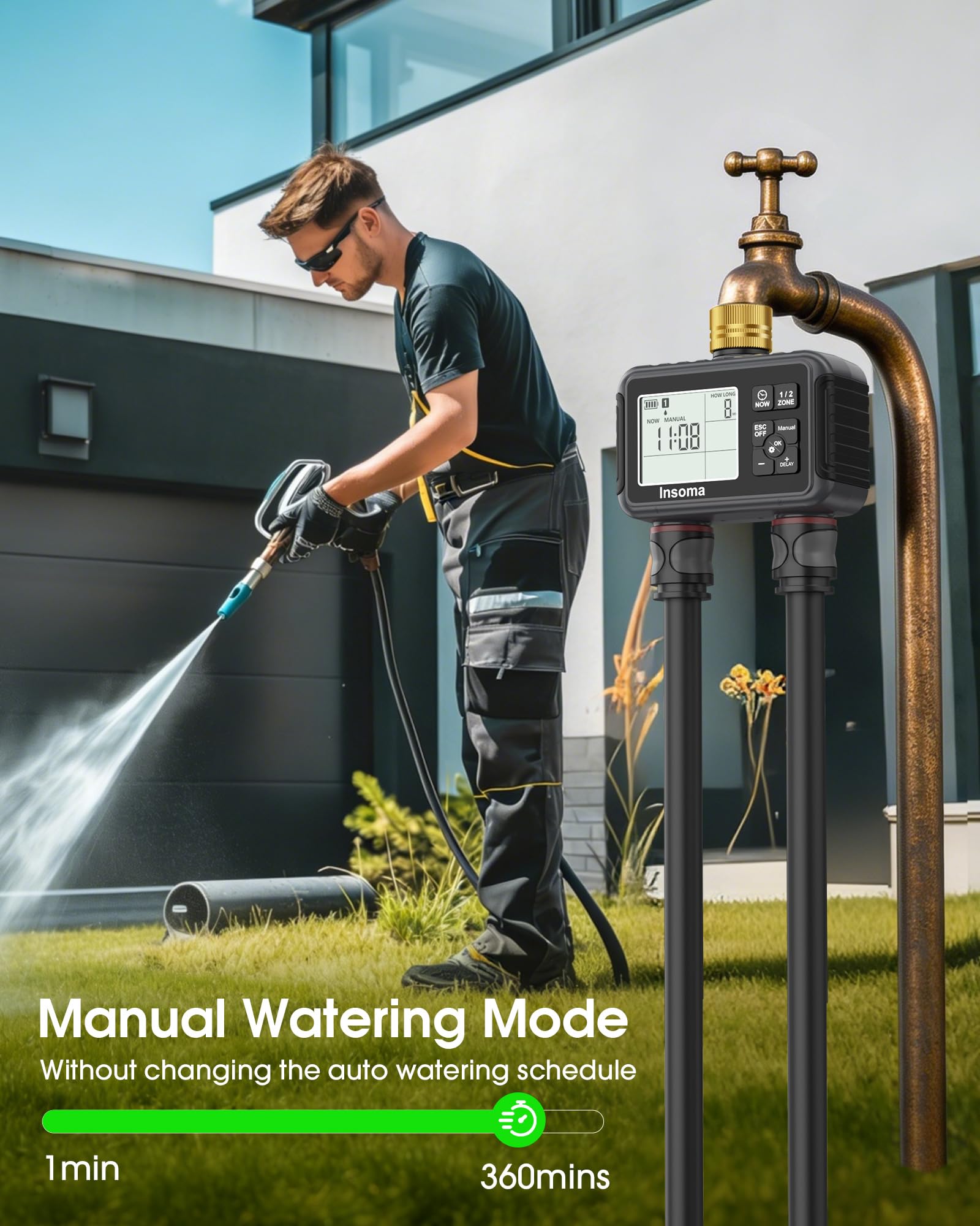 Insoma Timer per acqua con ingresso e uscita in ottone, 2 zone indipendenti per tubo da esterno per rubinetto da giardino con modalità auto/manuale/ritardo pioggia, regolatore di irrigazione per