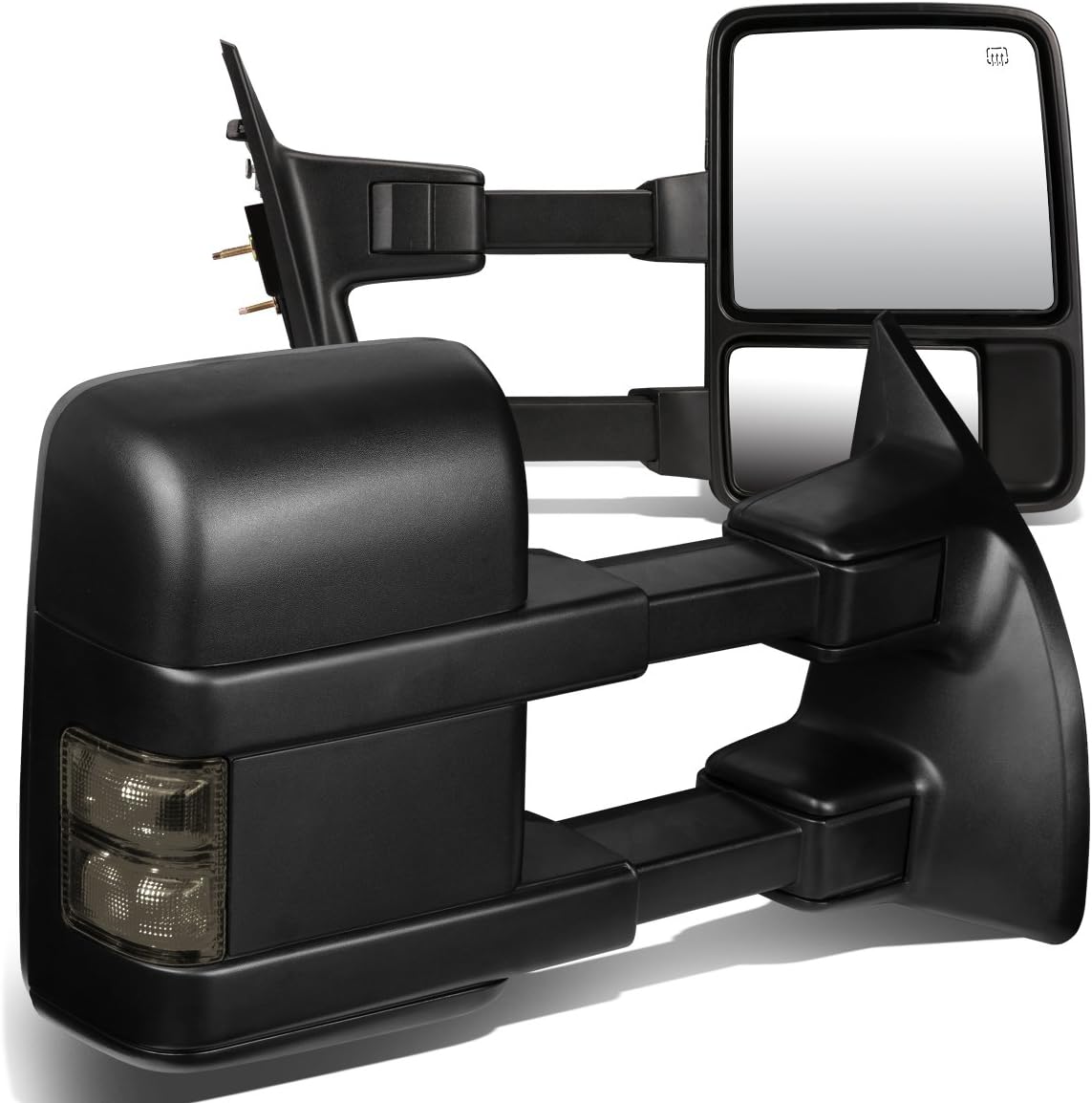 Pair of Rear View Side Towing Mirrors - Manual Telescoping | Power Adjust | Heated Glass | Smoked LED Turn Signal - Compatible with Ford F250-F550 Super Duty 99-07, Driver and Passenger Side, Black