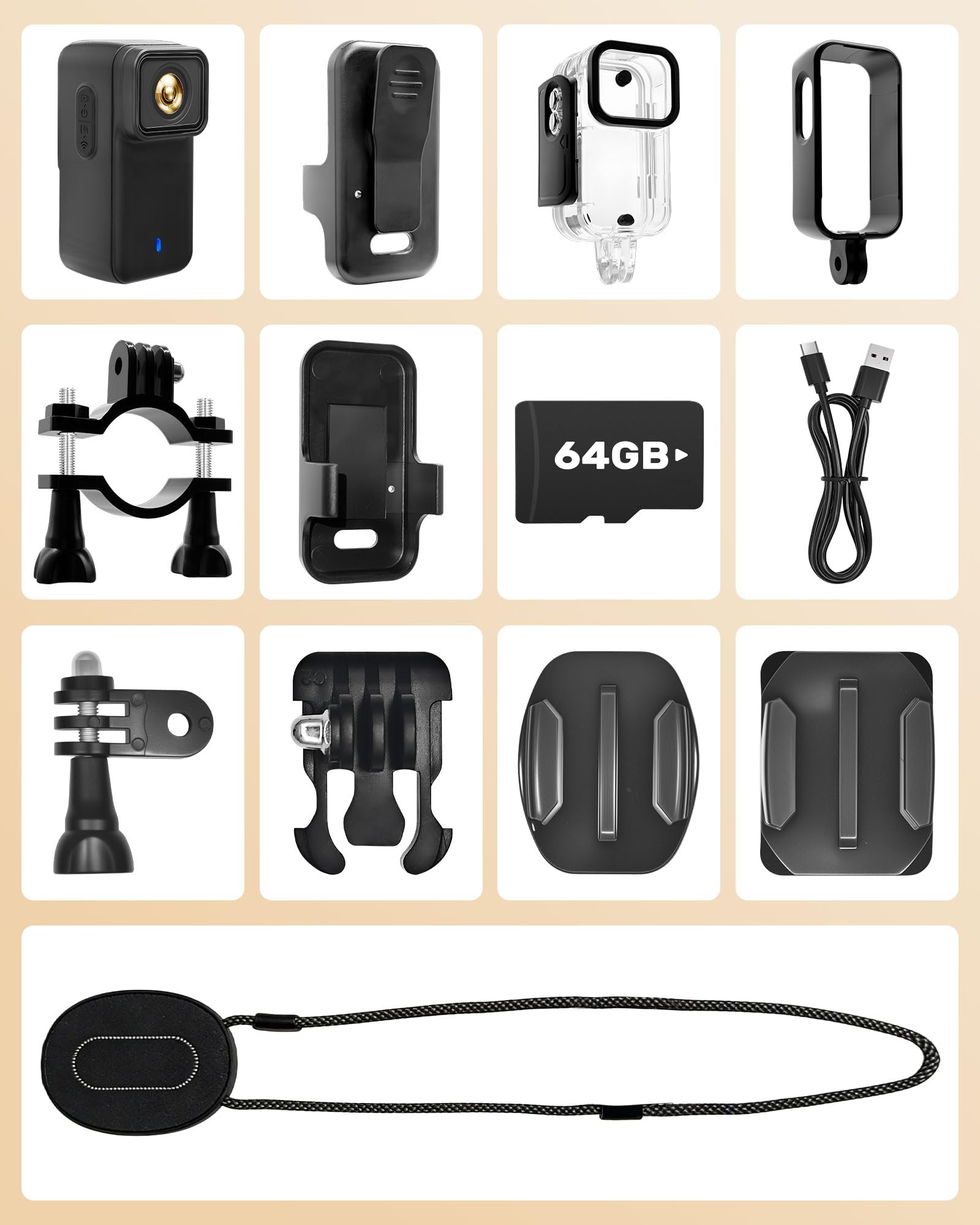 Action Cam 4K WiFi con Scheda TF 64GB, POV Camera con Cover Posteriore Magnetica, Body Cam Mini Impermeabile 30M, Telecamera per Casco Moto, Esterno e Vlog