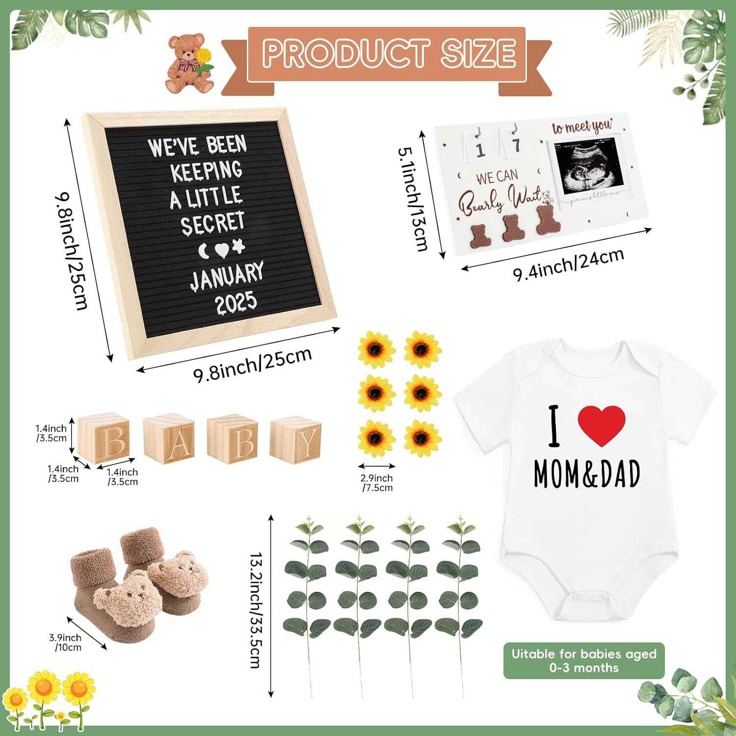 11 Pcs Pregnancy Announcement Set, Baby Reveal Ideas Include Felt Letter Board Sonogram Picture Frame Baby Bodysuit Bear Booties for Pregnancy Announcement Photo Props Coming Soon Baby Announcement - Image 2