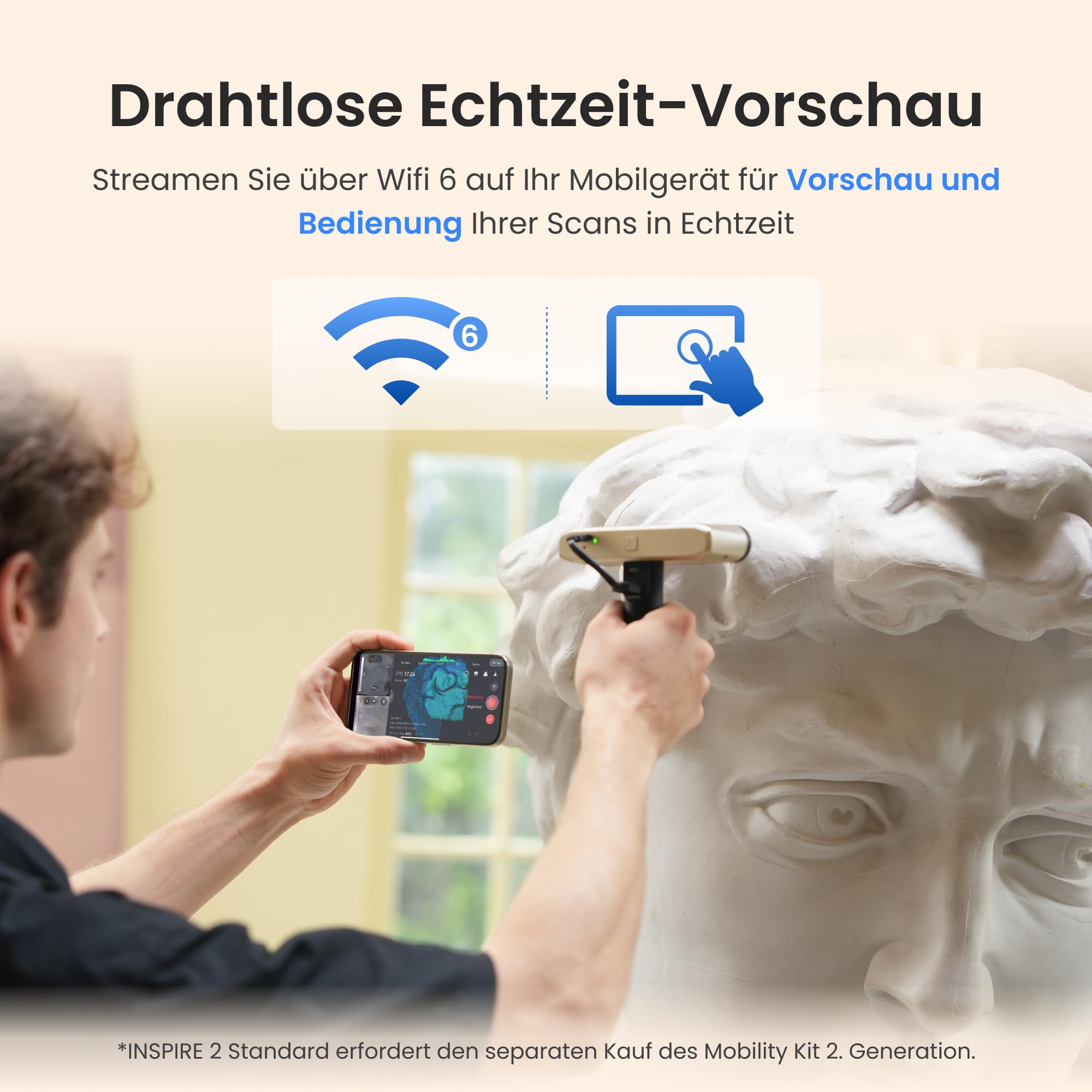 Revopoint INSPIRE 2 3D-Scanner für 3D-Druck, bis zu 0,03 mm Präzision, Mehrstrahl-Laser & Strukturiertes Licht, Scannen im Freien & Kabelloses Scannen, Vollfarbscans, Optischer Zoom, 190g, Standard