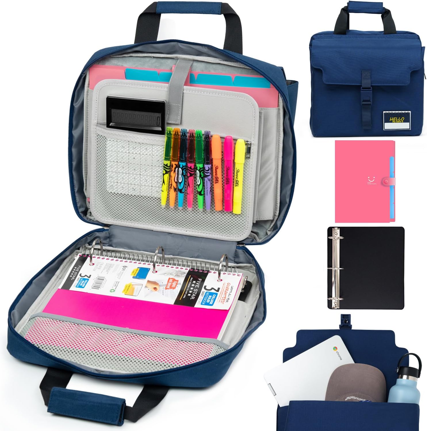 3 Ring Zipper Binder Bag with Handle and Shoulder Strap, 2-Inch O-Ring, Large Laptop Pocket, 5-Tab Expanding File Folder, School Supply Kit (Dark Blue)