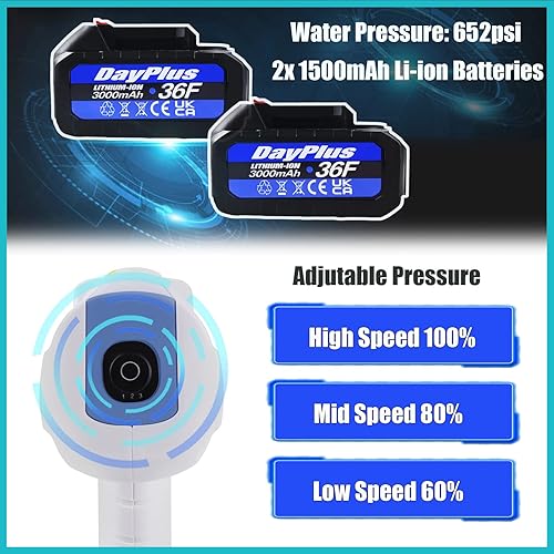 Miniatura 4 de Limpiador a presión portátil inalámbrico para automóvil, hogar, limpieza de jardín, paquete de 2 baterías de 1500 mAh, presión ajustable de 3