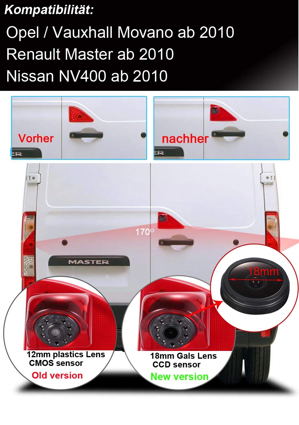 HD IP68 Third Mounted Roof Top Lamp Brake light Rear View Rear View Camera Can Adjust Angle Infrared Night Vision for Opel/Vauxhall Movano/Renault/Nissan NV400+Rearview Mirror - Image 3