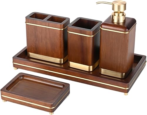 MIHIRO Juego de accesorios de baño de madera de acacia con bandeja de tocador, bomba de aleación de zinc, dispensador de jabón, soporte para