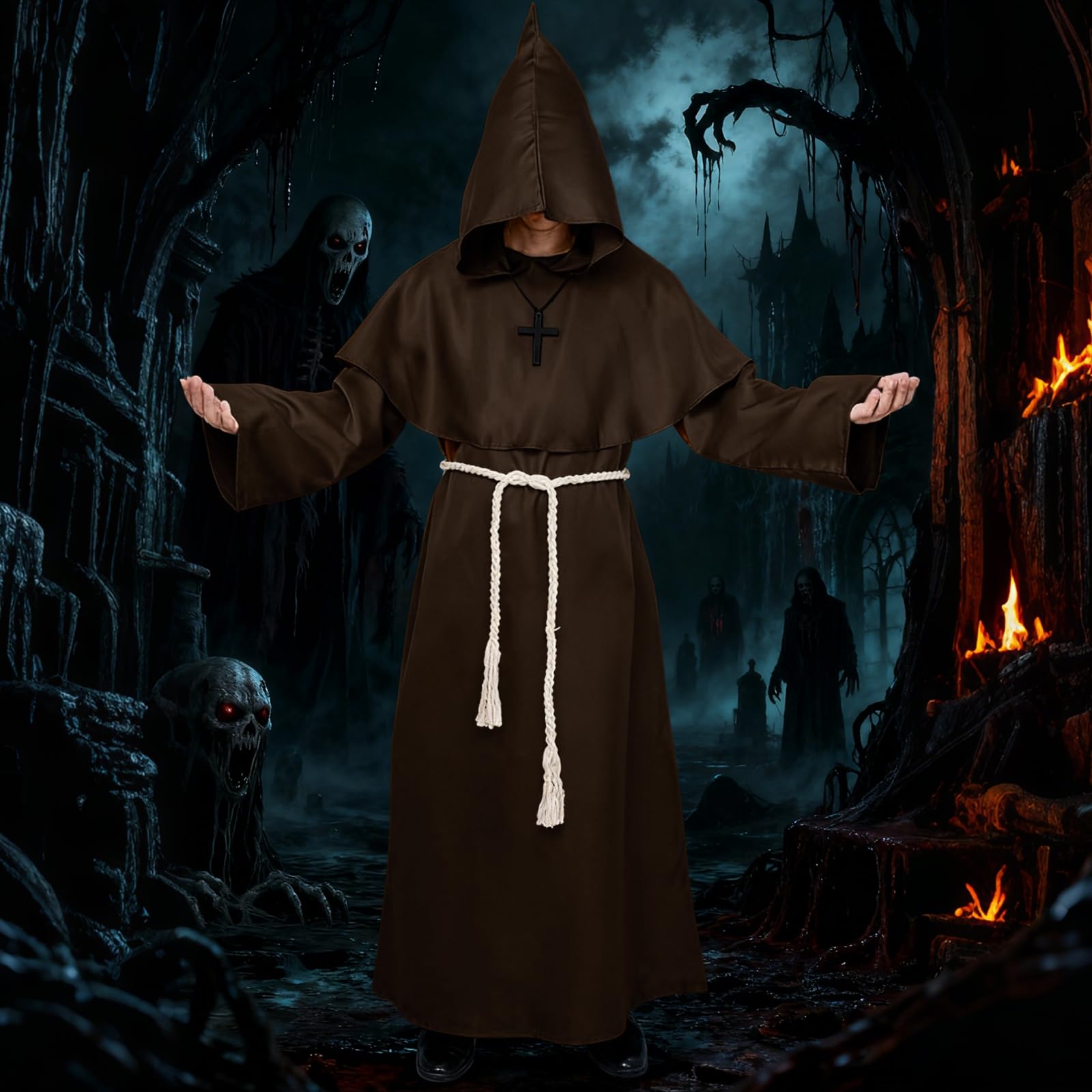 Costume de moine médiéval pour homme - Avec capuche - Perruque de moine - Chapeau marron foncé - Ceinture - Corde de chanvre - Chaîne croisée - Halloween, carnaval, taille XL (175-185 cm