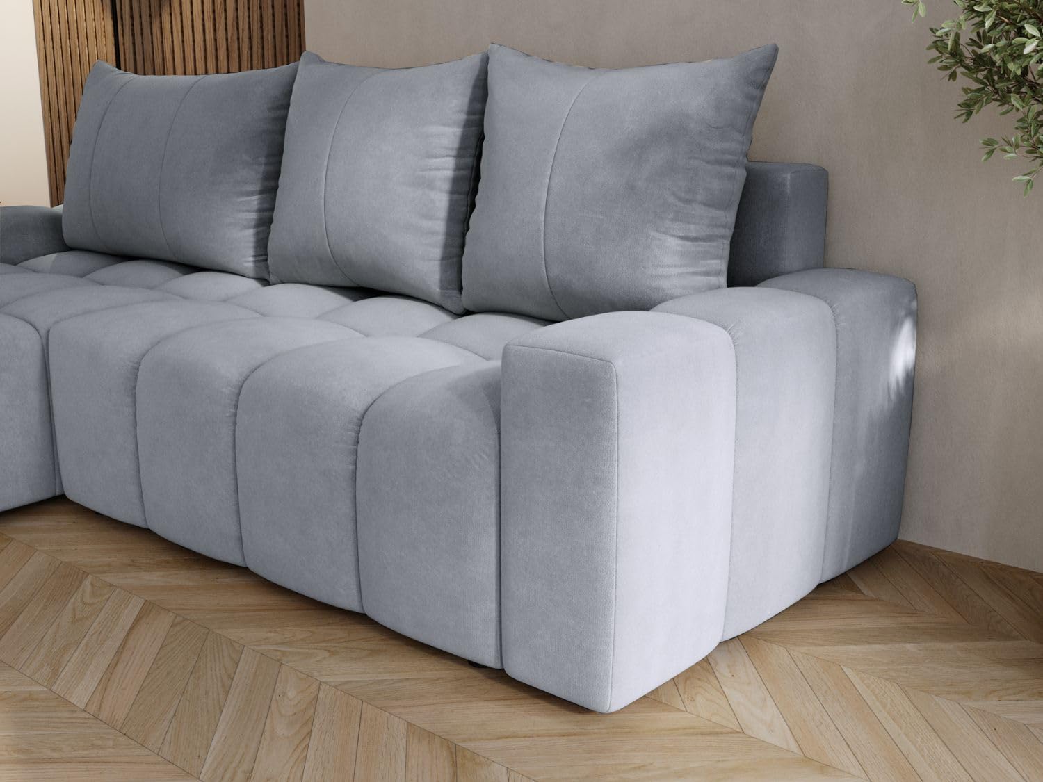 GRAINGOLD Bresso Ecksofa mit Schlaffunktion & Bettkasten 255x168 cm, L-Form Sofa mit Stauraum, Schlafcouch für Wohnzimmer, Samt Stoff, 3-Sitzer Eckcouch, Modernes Design (Hellgrau)