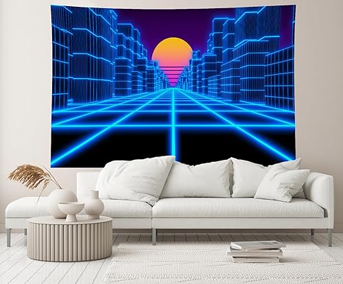 Miniatura 4 de Telón de fondo de paisaje cibernético de 12 x 10 pies, ciudad azul, retro, futurista de los años 80, neón Cyberpunk, fondo de cuadrícula láser,