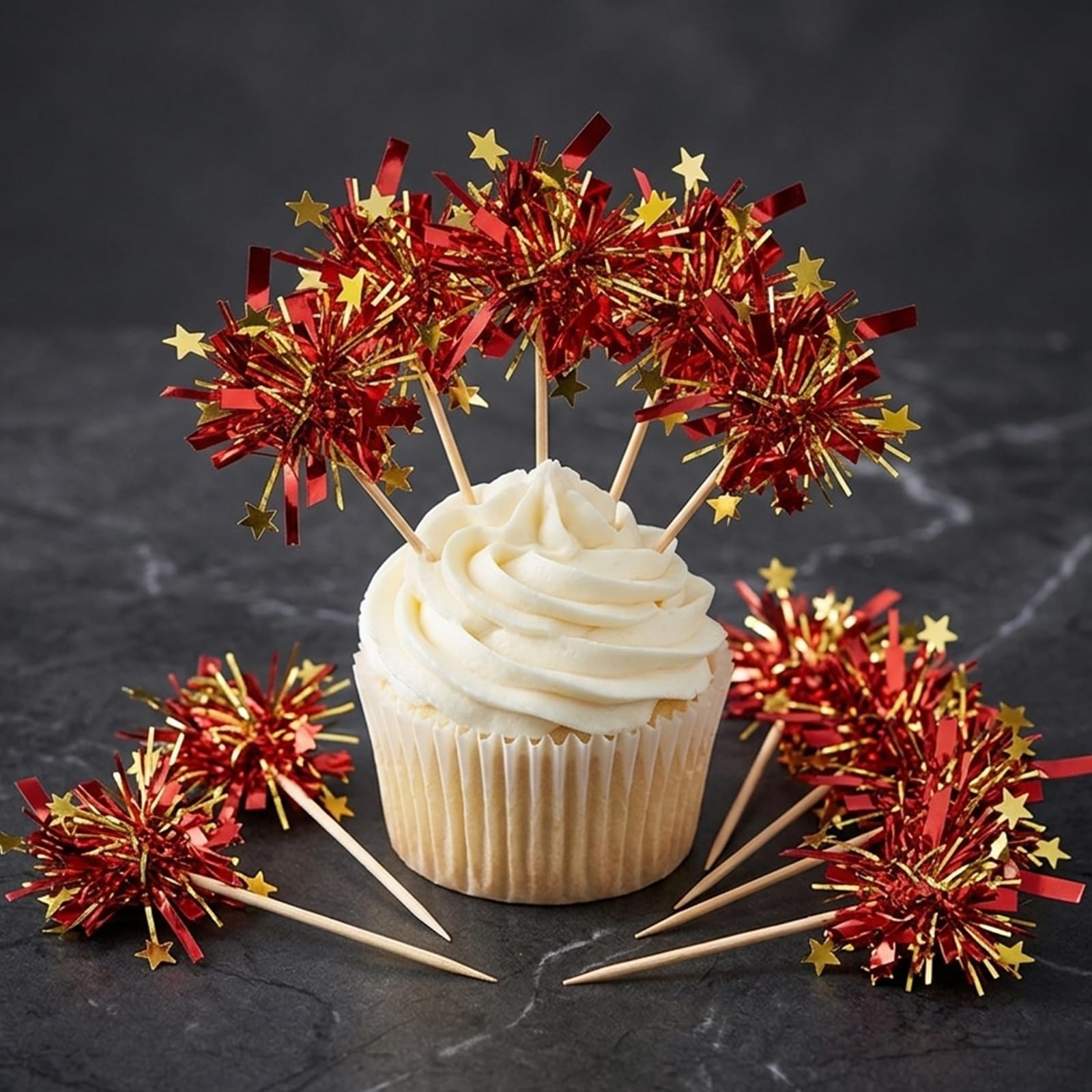 Cupcake Toppers, Gold and Red Cake Decorations 30 Pieces, Non-Edible Plastic Picks for Birthday Party, Anniversary Celebration Table Decor