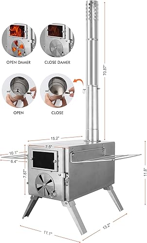 Miniatura 3 de Estufa de camping para tiendas calientes, LAMA Estufa de leña de acero inoxidable 304 con tubos de chimenea de pared de acero inoxidable para