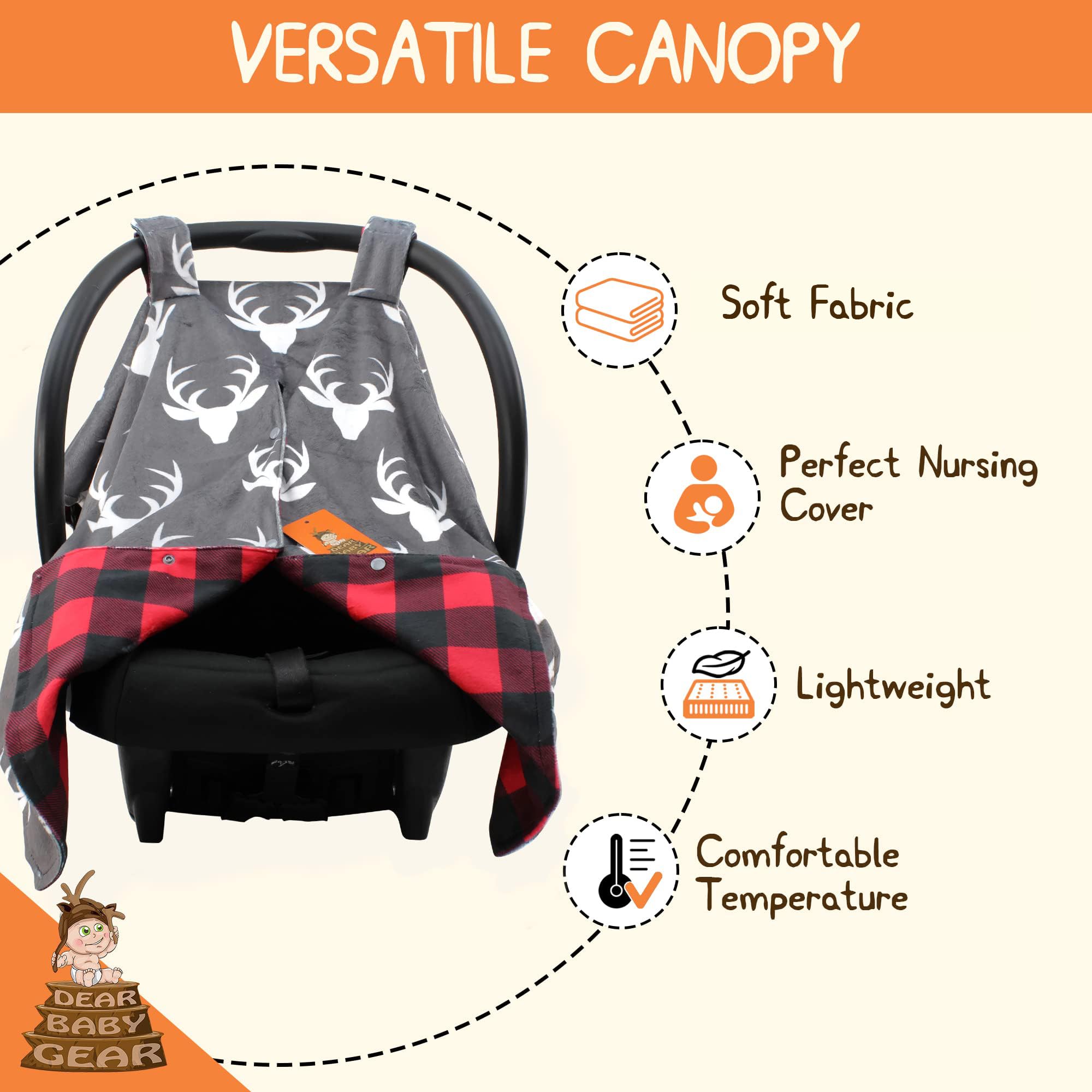 Dear Baby Gear Luksusowy dwustronny baldachim na siedzenie samochodowe, niestandardowy nadruk Minky w kratę białe poroże, czerwony i czarny bizon krata Minky