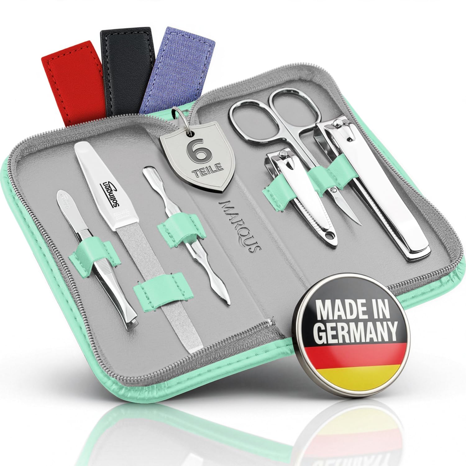 Maniküre Set Solingen mit Top Preis/Leistung - Kunst-Leder Etui handlich und weich - 6teiliges Nagelset für Damen und Herren marQus aus glanzvernickeltem poliertem Stahl