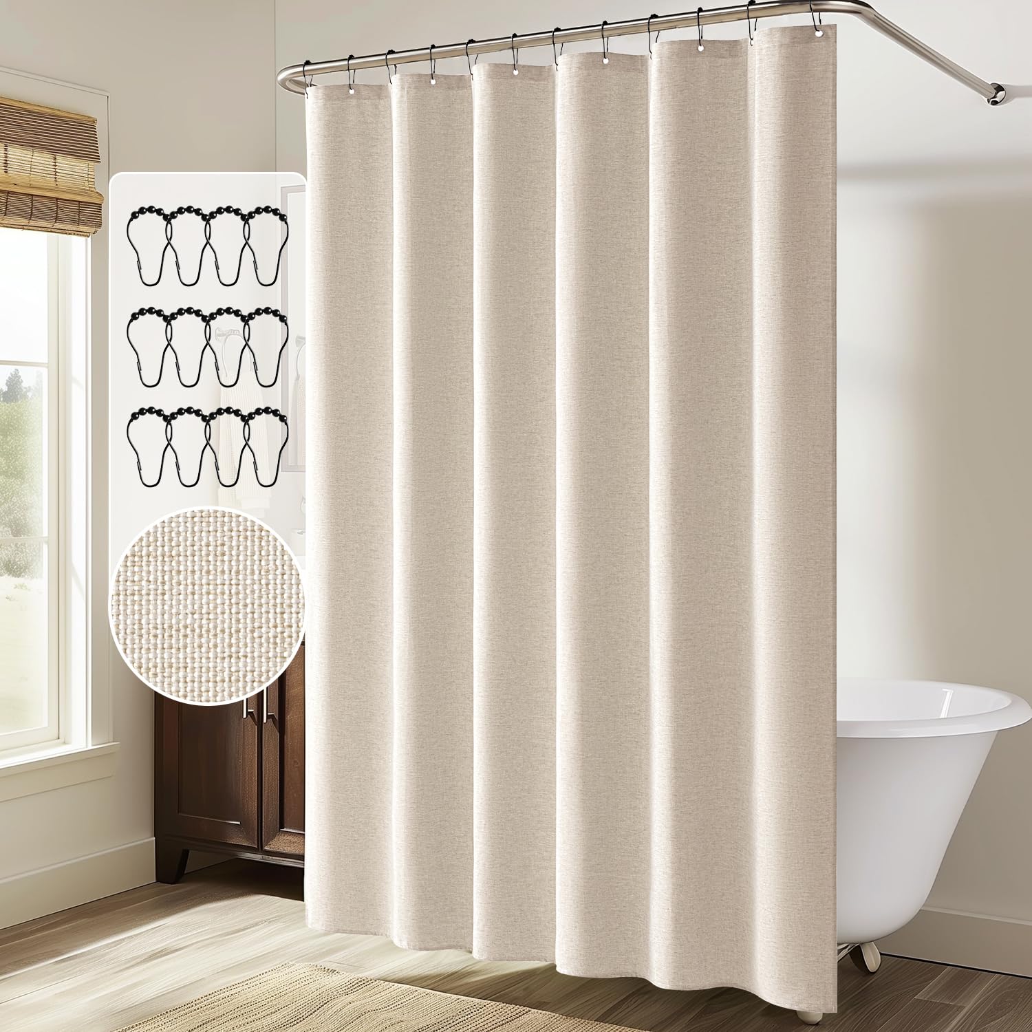 MIULEE Linen Shower Curtain with 12 Metal Hooks Modern Heavy Duty Washable Beige Fabric Shower Curtain Set Waterproof Neutral Thick Cloth Shower Curtains for Bathroom Bathtub Washable, W72*L72, Cream