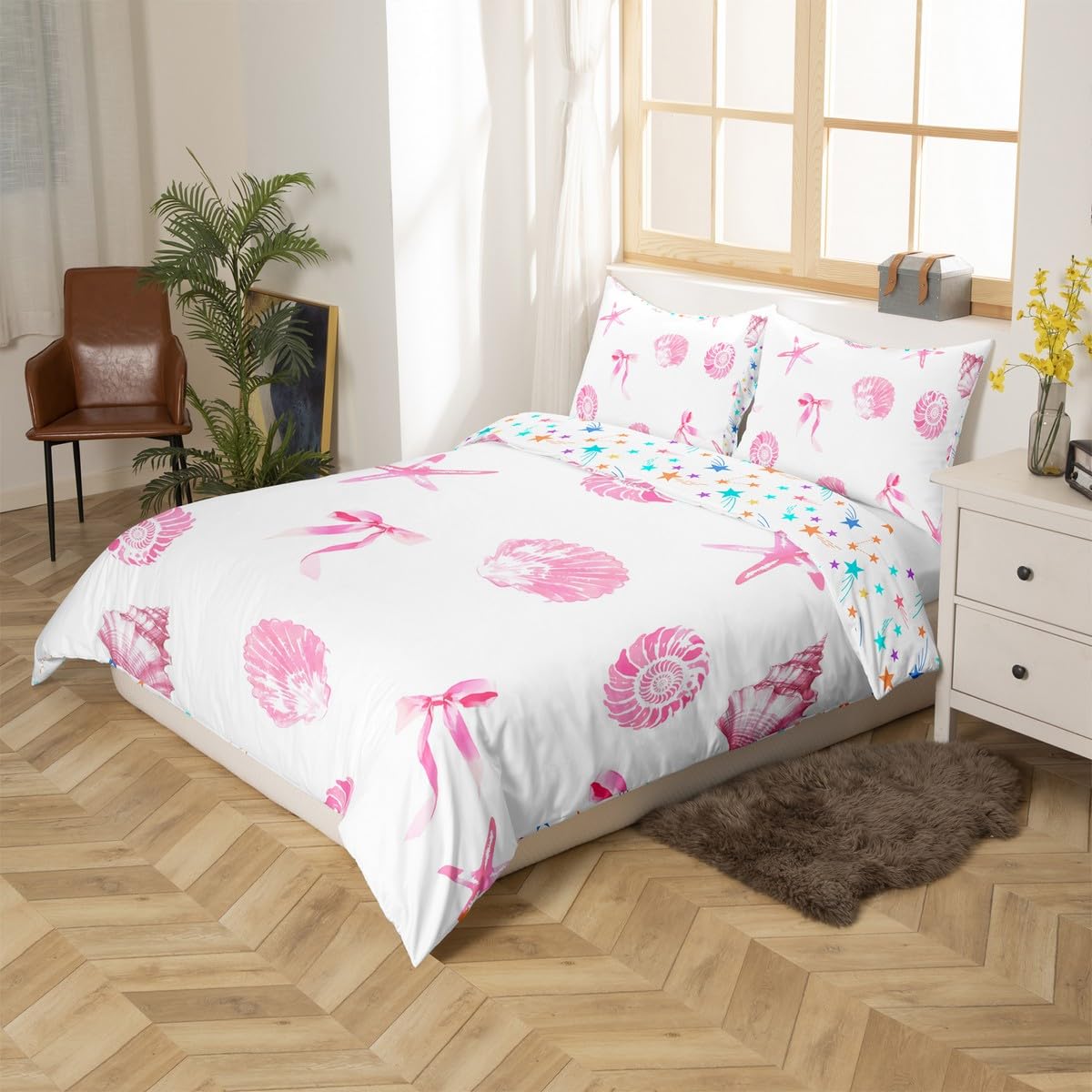 Homewish Set di biancheria da letto per letto super king size, motivo: vita marina costiera, con fiocco, conchiglie, stelle marine, per bambini, donne, ragazze, set di biancheria da letto subacquea