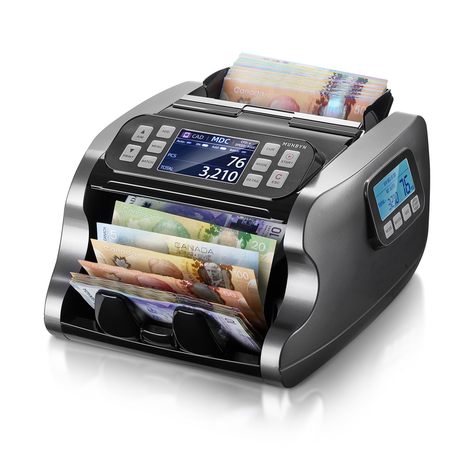 MUNBYN IMC22 Money Counter Machine Canadian Mixed Denomination, Dual-Display, CIS/UV/IR/MG Counterfeit Detection Bill Counter, CAD, USD, MXN Cash Counter for Business, Merchant, 2Y Protect (Black)
