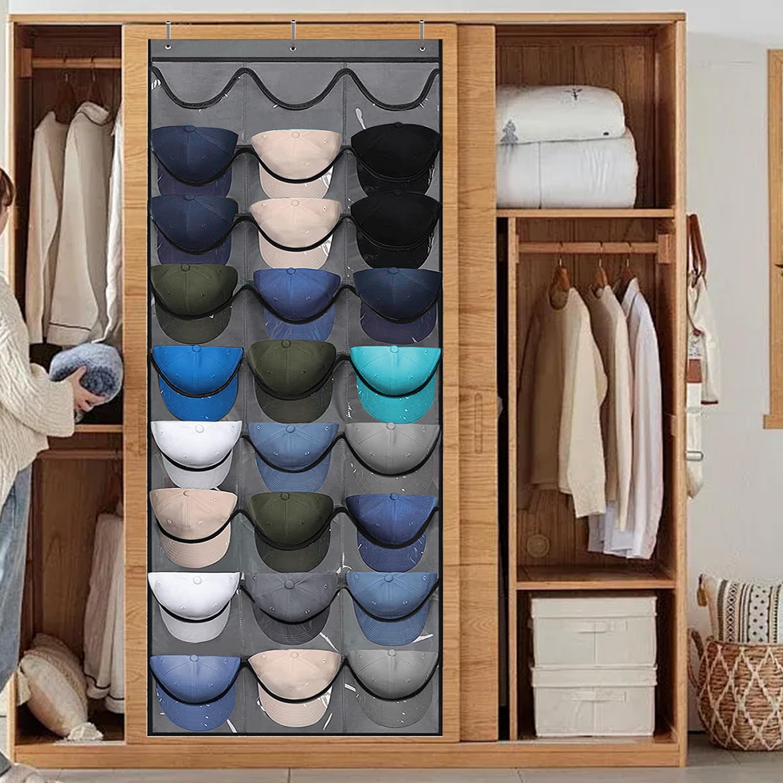 Porta Cappellini da Porta,Appendi Cappelli,Portas Cappelli Baseball Cap Holder con 27 Tasch,Portas Cappellini con Visiera per Riporre I Portacappelli da Baseball (Grigio)
