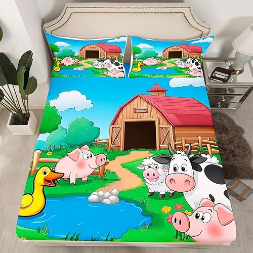 Erosebridal Juego de sábanas de alpaca de dibujos animados de ganado, vaca, cerdo, tamaño individual para niños, niñas, niños, juego de ropa de cama