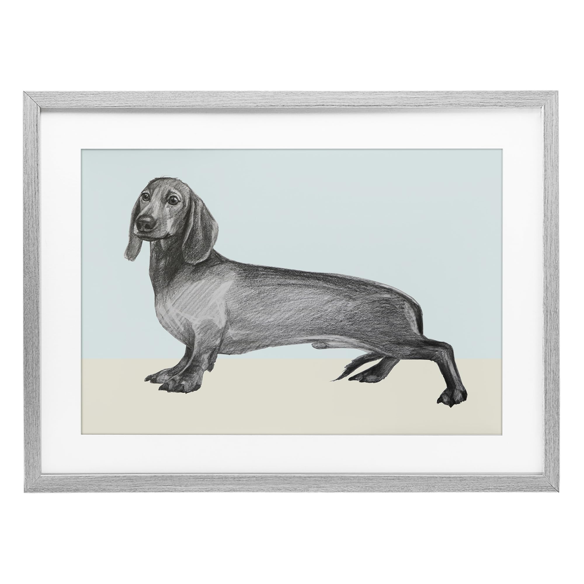 Stupell Industries Farmhouse Gray (Textured) 'Sketched Dachshund On Blue', Framed Print Under Glass, Gray, 23 X 17 Inches, Easy To Hang And Sturdy, Made In Usa, By Violeta Vollmer