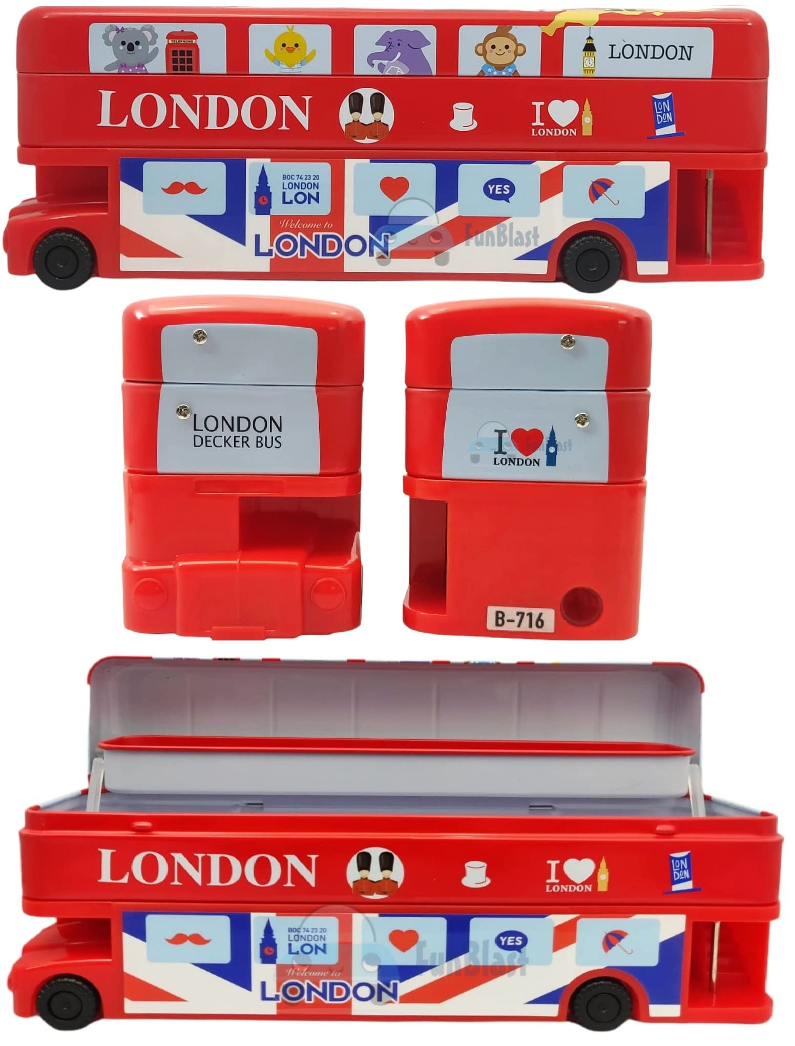 FunBlast Cartoon Bus Toy Metal Pencil Box with Moving Tyres & Sharpener for Kids Bus Geometry Box (London Bus Red)-image-30