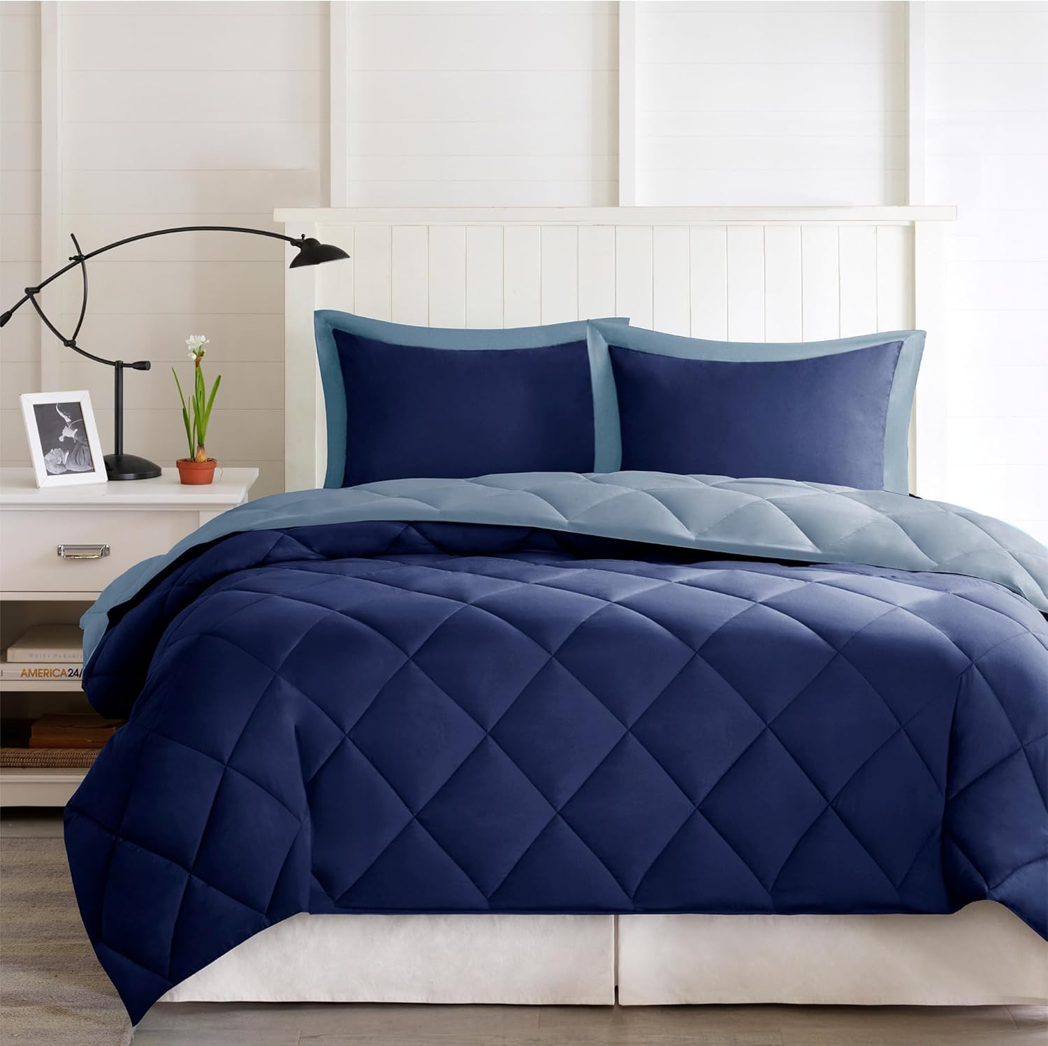 Madison Park Essentials Larkspur All Season Reversible Two Sides Down Alternative Comforter Set 3M Stain Release Comforters, King, Navy/Light Blue
