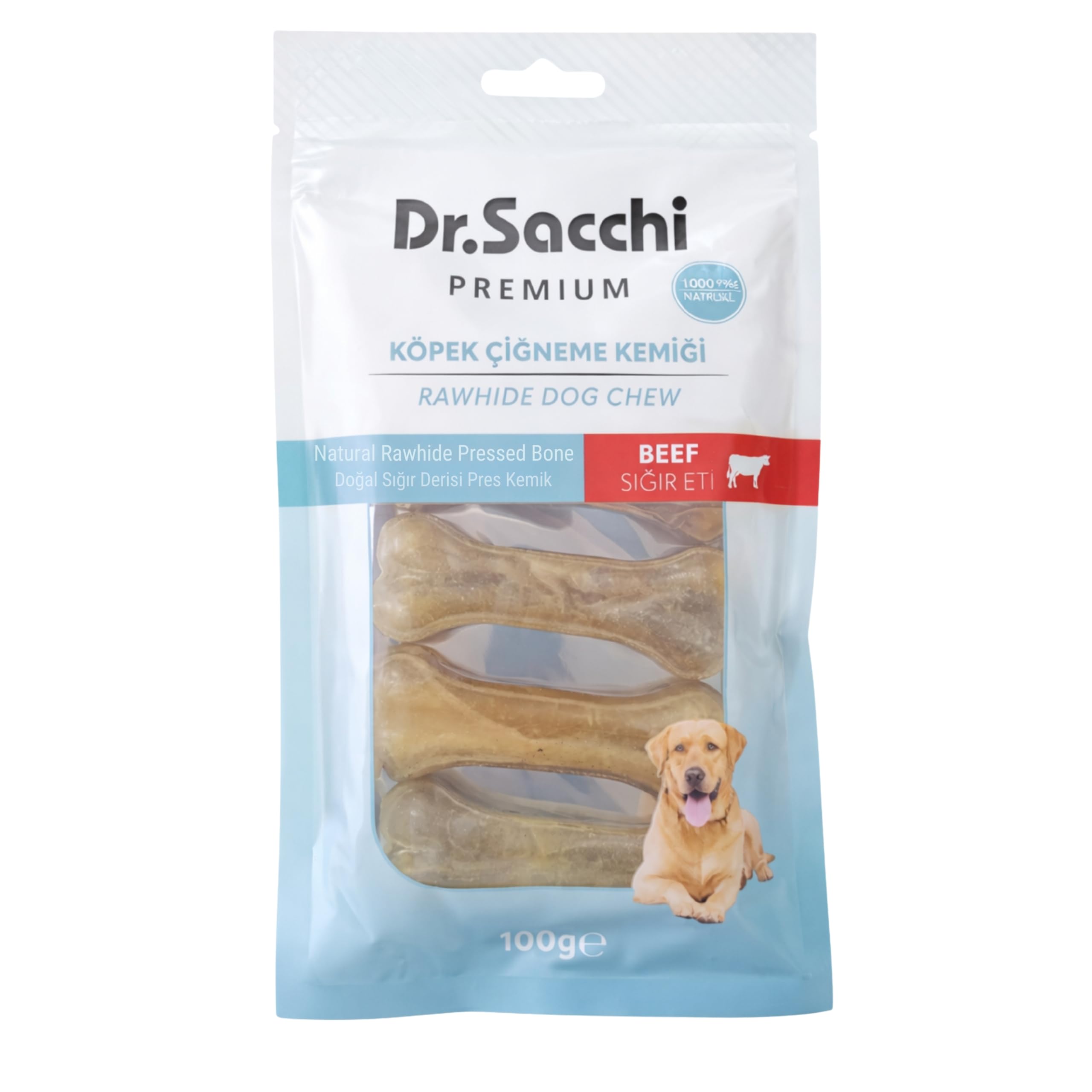 Dr.Sacchi Premium Sığır Etli Doğal Sığır Derisi Press Kemik Tahılsız Köpek Ödülü 3" 20-25 Gr 5'li