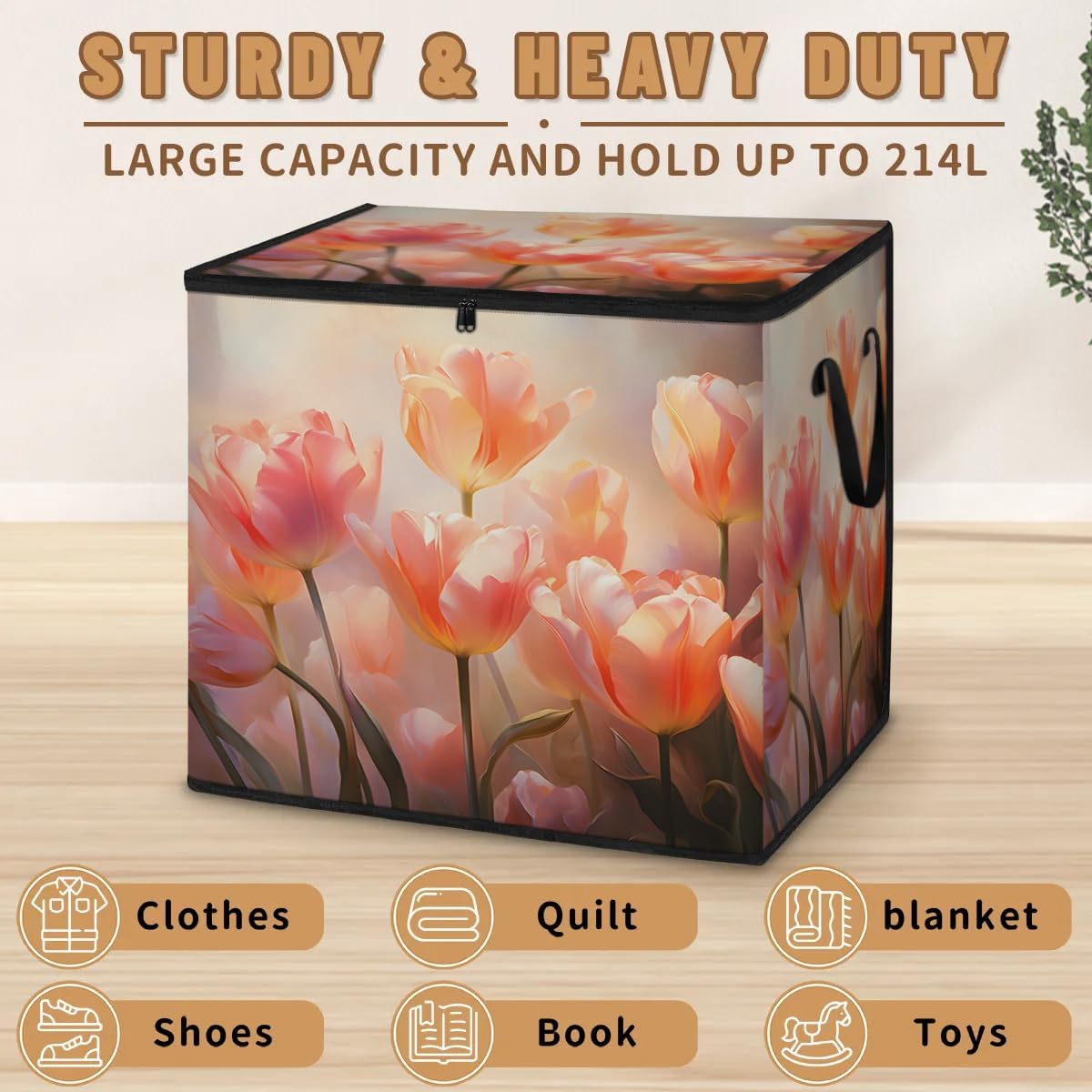 Honeybaby 214L Extra Large Comforter Storage Bag Flower Tulip Spring Storage Totes with Lids Waterproof Closet Organizer Folding Blanket Storage Bags for Clothes Bedding Pillows
