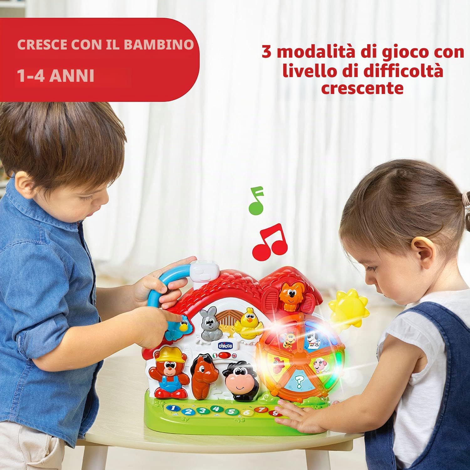 Chicco Fattoria parlante Giocattolo Musicale bilinguale Tedesco e Inglese, Giocattolo con Animali, Luce e rumori, 3 possibilità di Gioco, Giocattolo educativo elettronico, per Bambini da 1 a 4 Anni