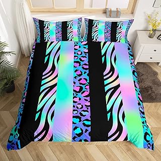 Leopard Kids Duvet Cover Set Queen Size,Abstract Cheetah Zebra Skin Bedding Set,Girls Boys Adults Room Decor,Geometric Stripes Patchwork Comforter Cover,Blue Purple Gradient Quilt Cover,2 Pillowcases