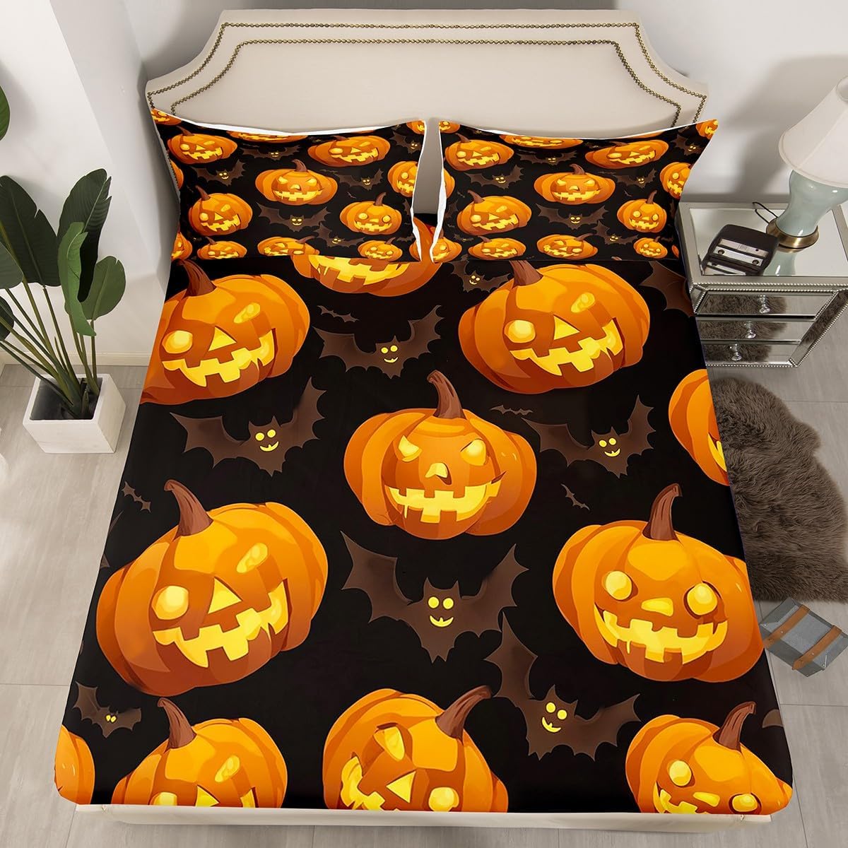 Erosebridal Halloween Sheets Cartoon Pumpkin Lantern Bed Sheets Halloween Pumpkin Decorations, Gothic Pumpkin Lights Fitted Sheet Full Size Spooky Bat Halloween Decorations Indoor, No Top Sheet