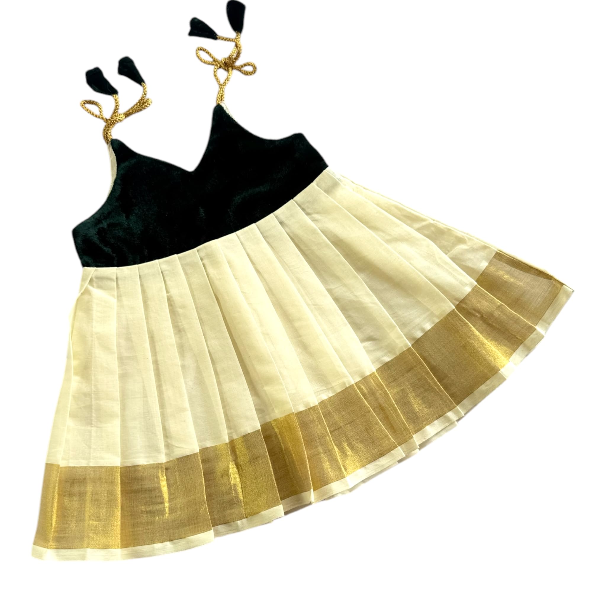 PicksparrowNewborn Baby Girl Kasavu Dress/Kerala Kasavu Traditional Frock/Onam-Vishu Dress (Velvet, Shoulder-Knot)