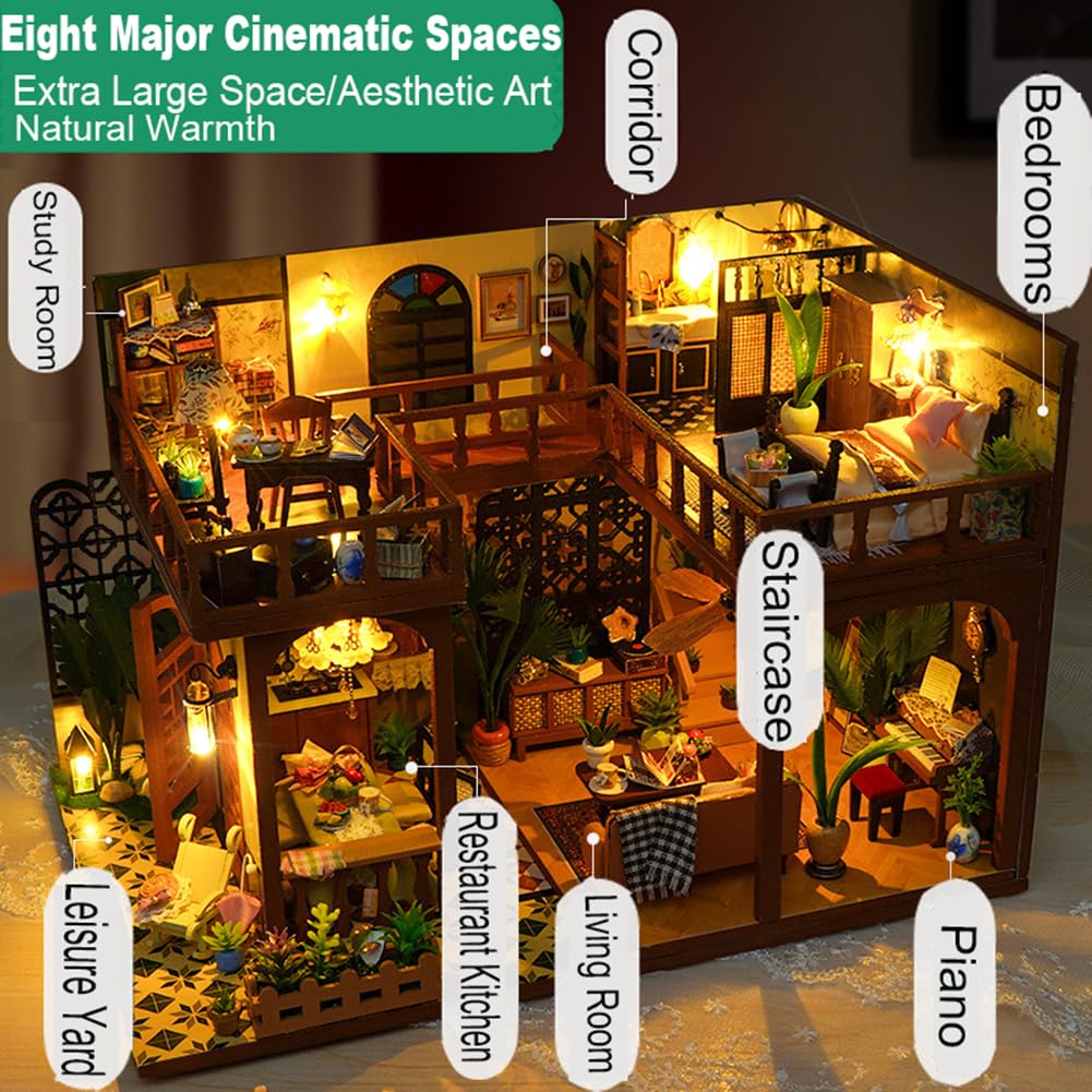 TOPBSFARNY DIY Miniature Dollhouse Kit, Vintage Miniature Loft House with Dust Cover and Musical Movement, Wooden Furniture Light Gift House Toy Adult Crafts Kit for Women