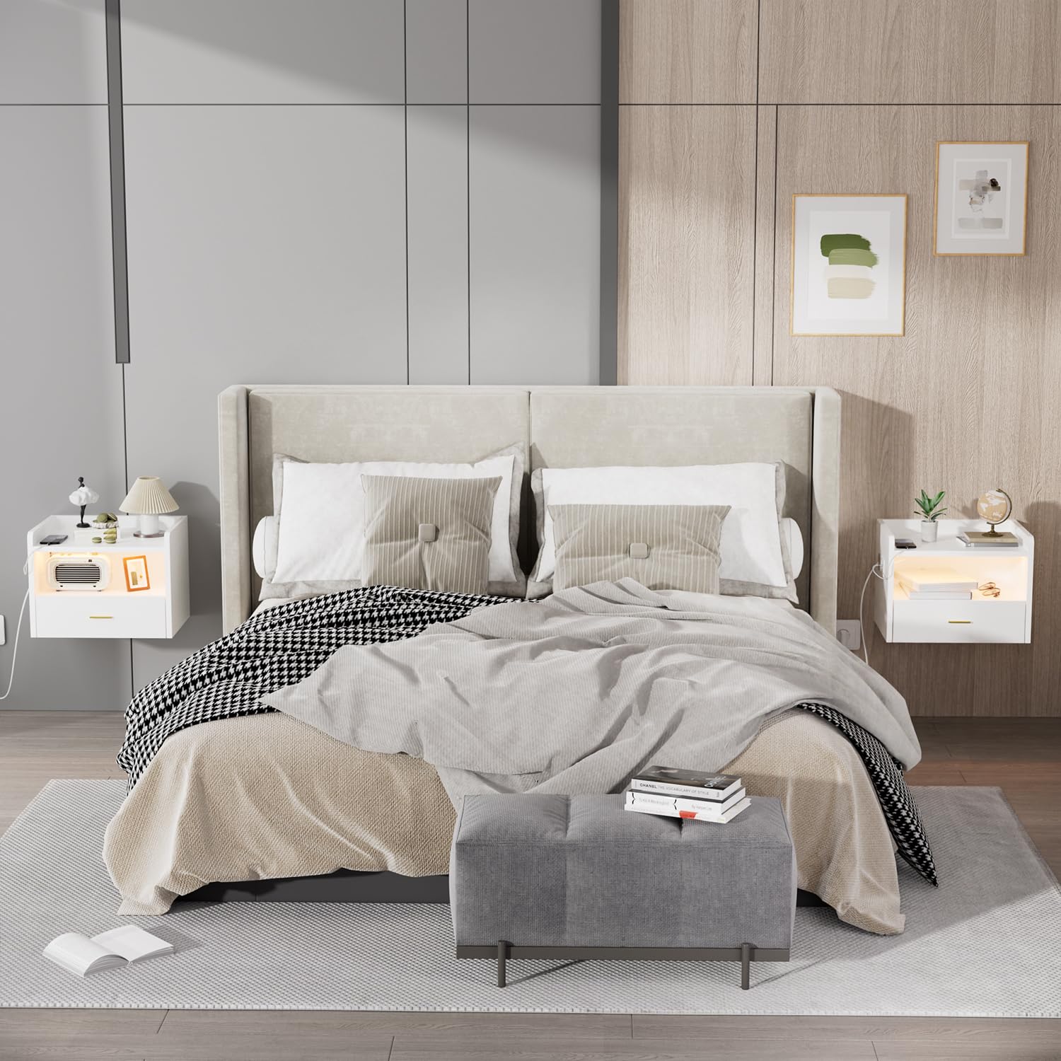 Set di 2 Comodino Sospeso Comodino da Parete con Presa e Striscia Luminosa RGB Comodini con 1 Cassetto e 1 Scomparto per Camera da Letto, Soggiorno, Bianco