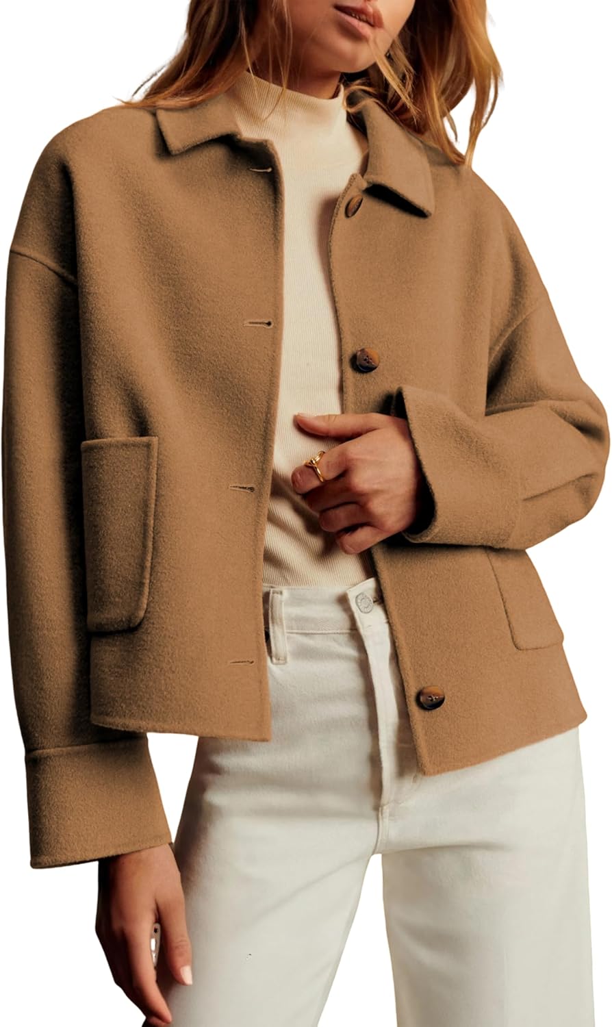 Dqbeng Women Cropped Pea Coat Boxy Fit Casual Short Jacket Outerwear with Pockets