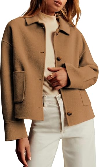 Dqbeng Women Cropped Pea Coat Boxy Fit Casual Short Jacket Outerwear with Pockets