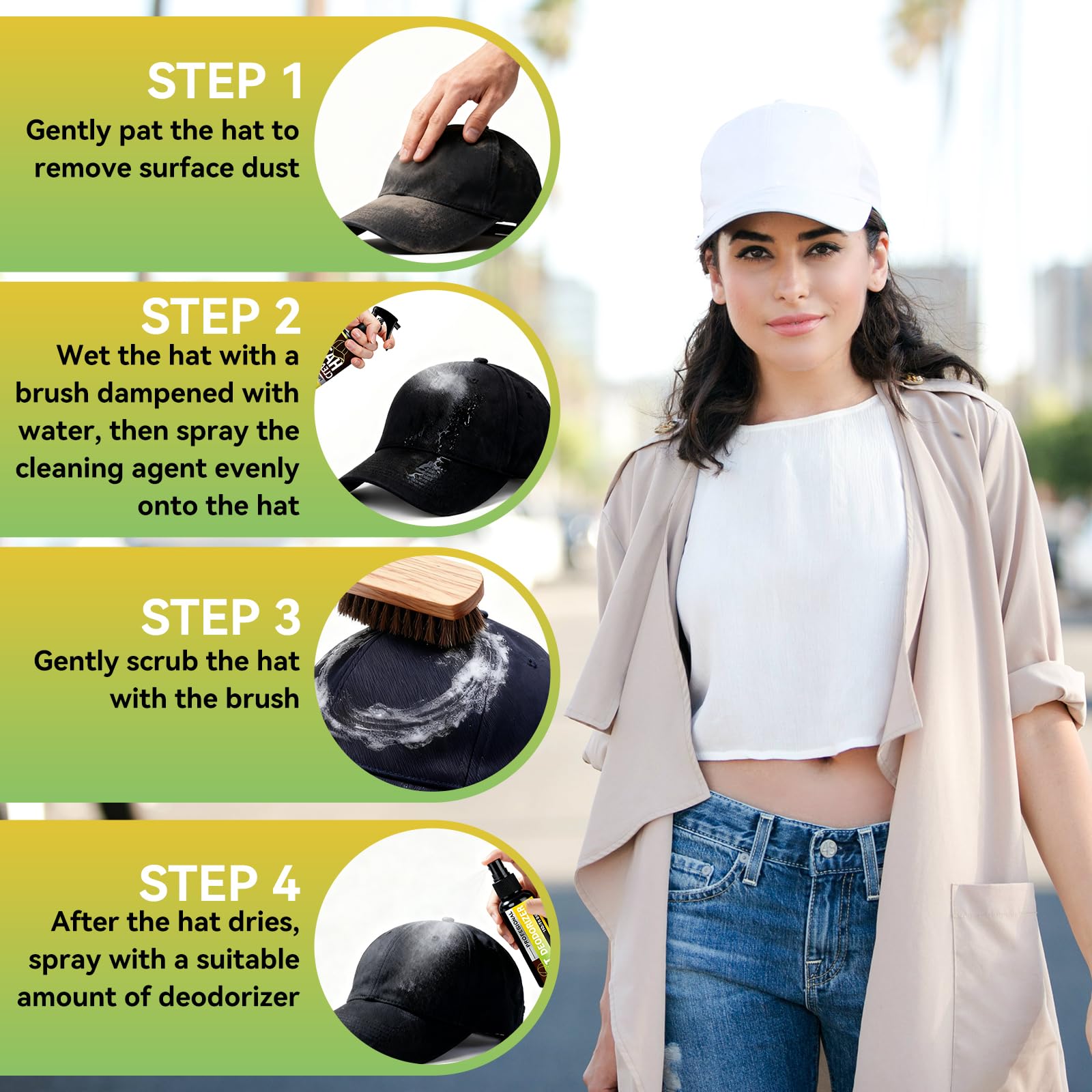 Hat Cleaning Kit, Professional 4-in-1 Hat Cleaner & Deodorizer Spray, Includes Soft Brush & Microfiber Cloth, for Baseball, Trucker, Felt, Wool, Dad Hats, No Water Needed, Remove Stains & Odors - 5