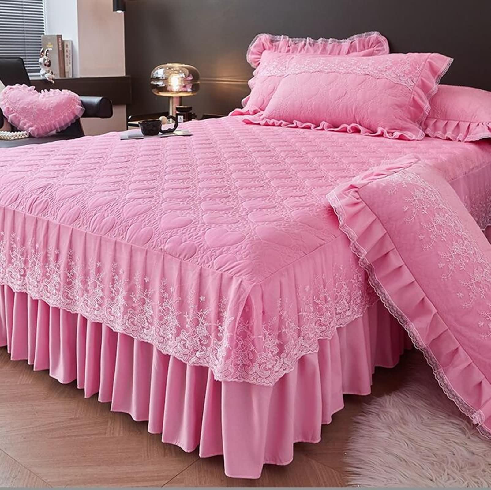 3-częściowy komplet pościeli California King Size z bawełny poliestrowej z gumką, jednolity kolor z haftowaną koronką, 198 x 214 cm + 2 poszewki na poduszki, różowe