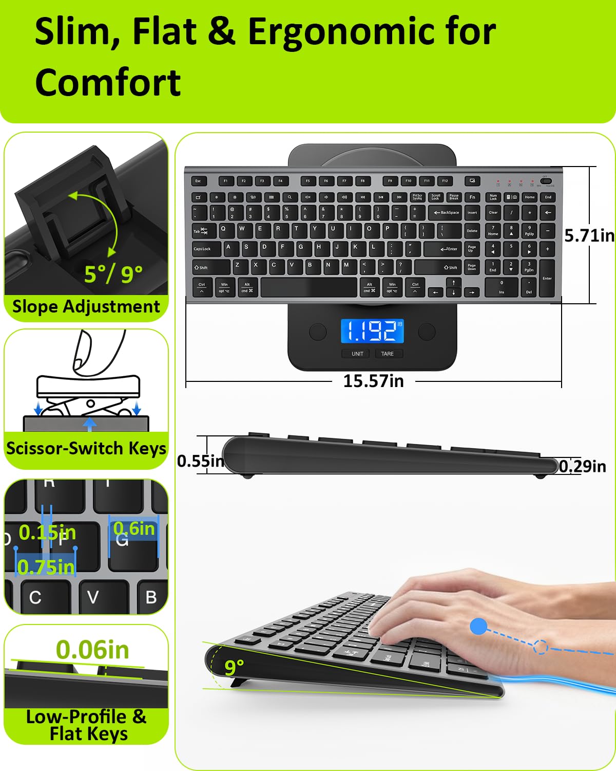 FENIFOX Wireless Silent Keyboard, Ultra Quiet USB C Low Profile Compact Full Size with Number Pad Flat Slim Thin Soft Touch for Mac Computer MacBook iMac PC Laptop Desktop Office (Black and Grey) - 4