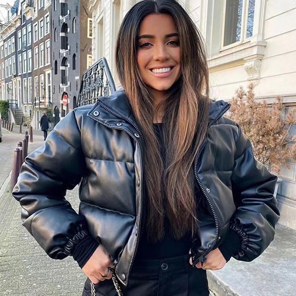 Giacca-Donna Invernale-Ecopelle Oversize-Calda Cotone-Impermeabile Trendy-Elegante Cappotto - Trapuntato Leggera Giacca in Pelle PU,Tinta Unita Giacca con Tasche Modae da Donna