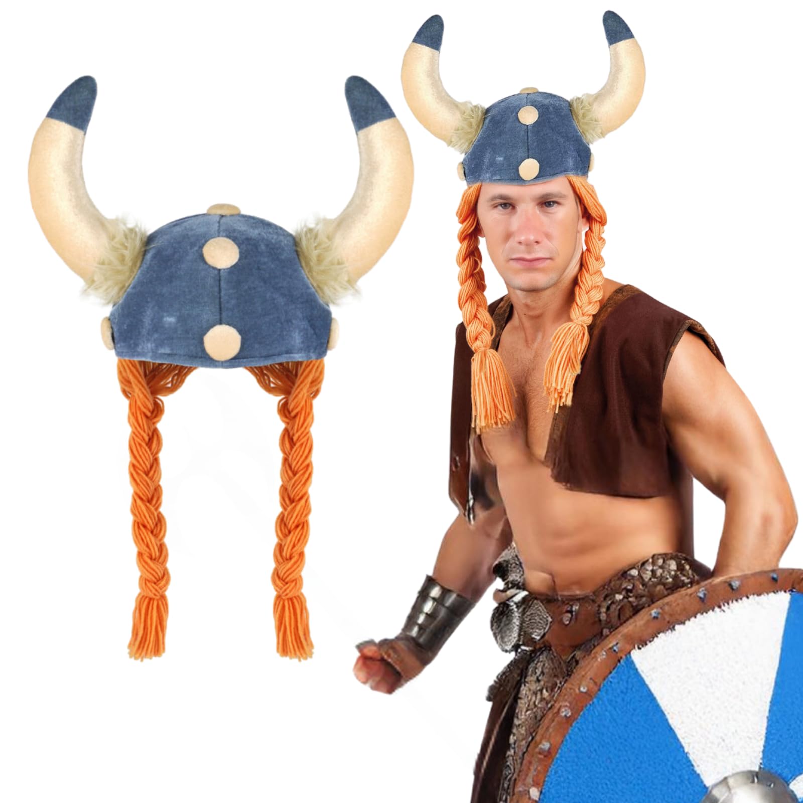 FNA FASHIONS Viking Helmet Hat with Braided Ginger Plaits and Horns